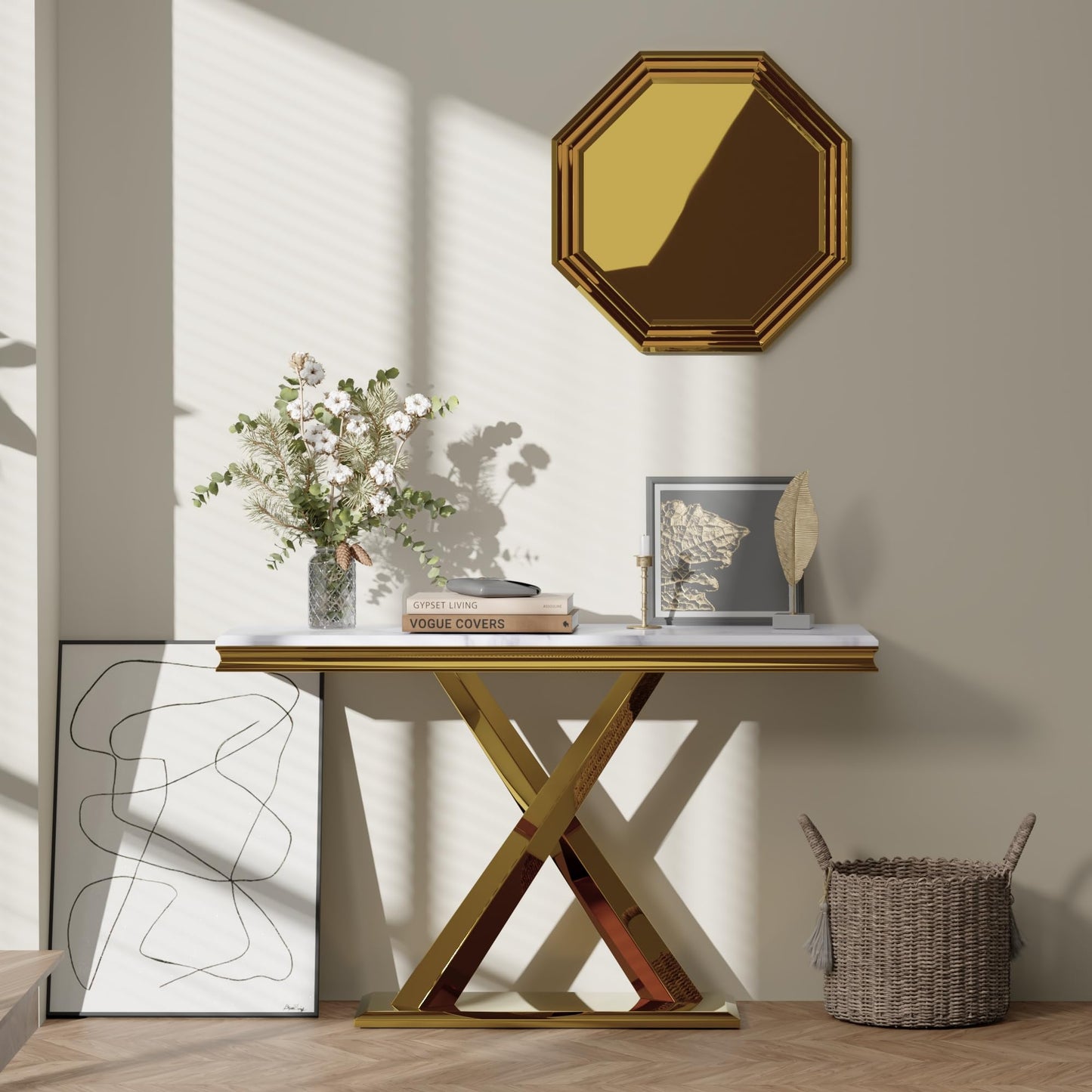 ACEDÉCOR Gold Console Table, 50" Entryway Table with White Tabletop & Gold Polished X-Base, Luxury Sofa Table for Living Room, Hallway, Foyer
