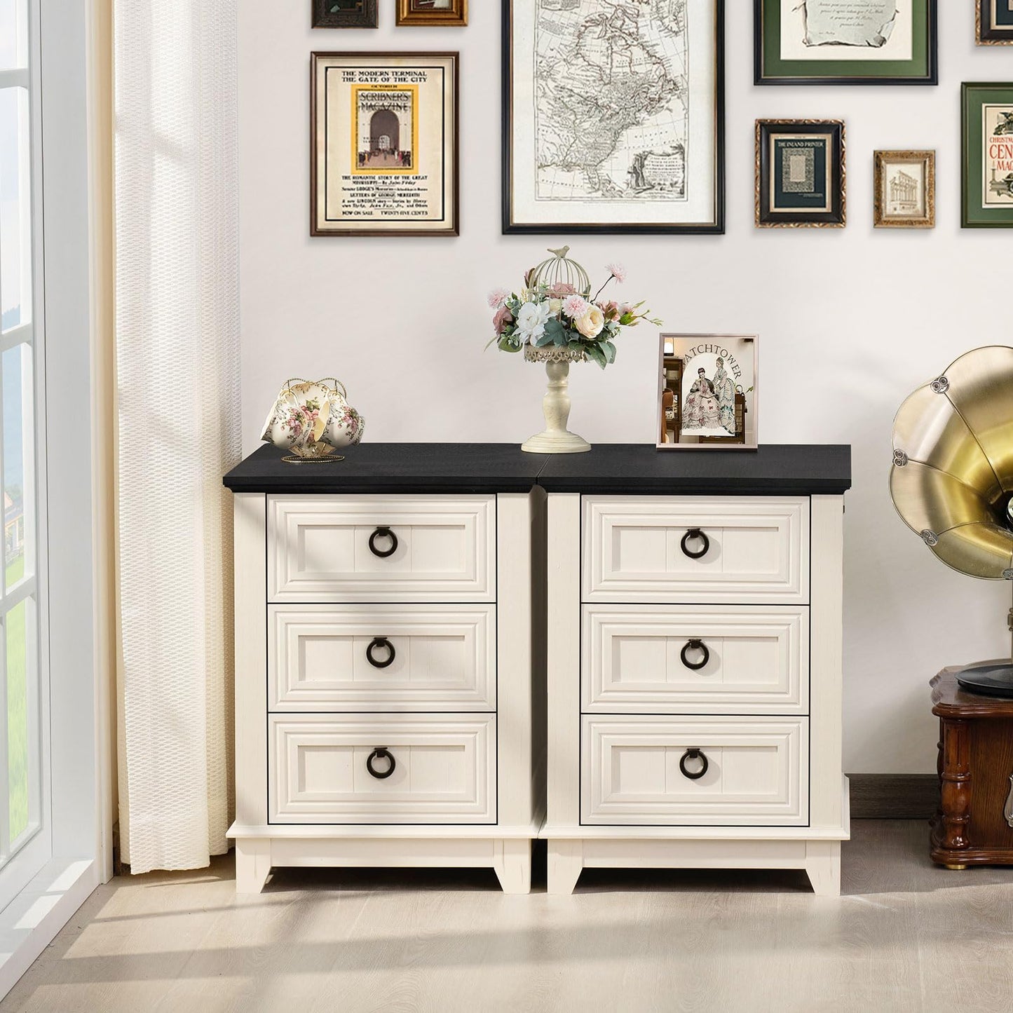 Joaxswe Farmhouse Night Stand Set of 2, 18" End Table with 3 Drawer Metal Handle, Dresser for Bedroom, Sofa Bed Side Table Chest of Drawers,Wood Nightstand Cabinet for Organizer, Living Room-White