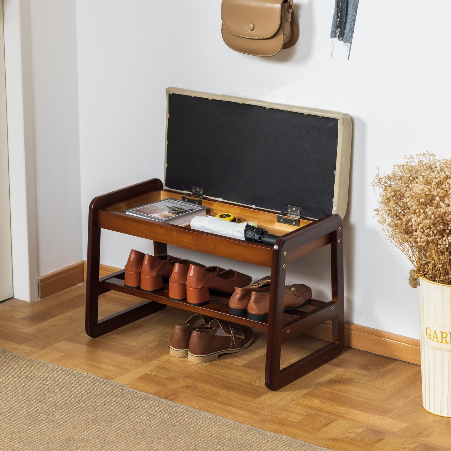 SOBIBO Solid Wood Shoe Bench, 2-Tier Entryway Bench with Cushion and Flip-Open Storage Box, Mid-Century Modern Shoe Bench Rack for Hallway, Mudroom(Gray, 21.65'')