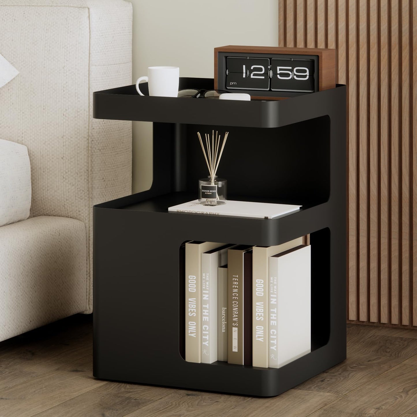 ZHBHYZ Modern Side Table,Small end Tables for Small Spaces,Black Metal nightstand,Bedside Tables,Accent Table with Storage for Couch, Bedroom,Living Room.No Assembly Required