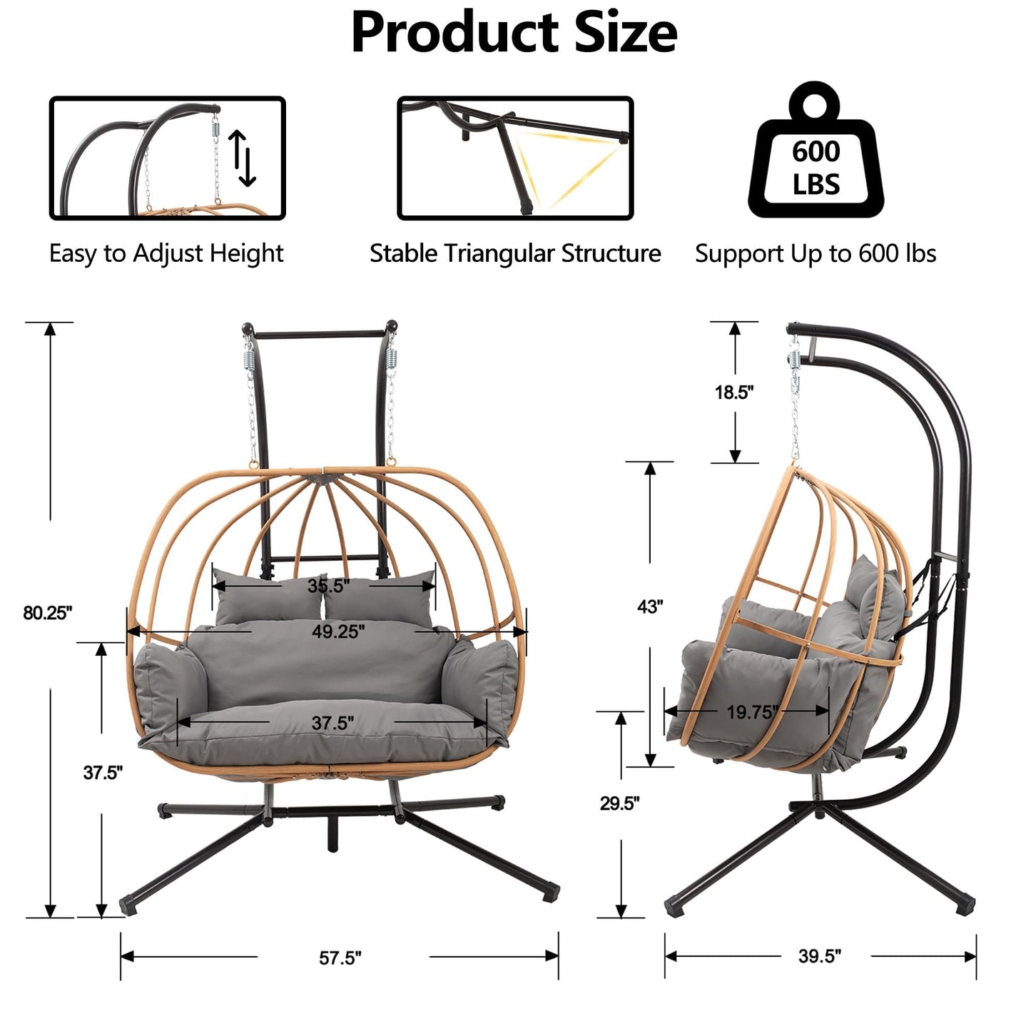 DAYARUS Double Egg Swing Chair with Stand, All Weather Egg Chair Outdoor with Cushions, Imitation Rattan Hanging Egg Swing Basket, 2 Person Hanging Chairs, Metal Nest Chair for Balcony/Deck, Grey