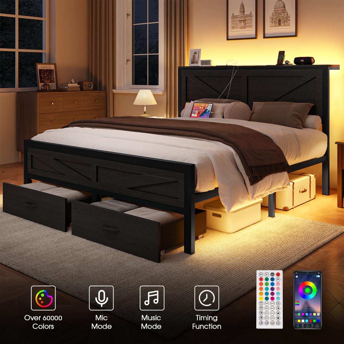 Siihnon Rustic King Size Bed Frame with Storage Drawers and Barn Door Headboard, Farmhouse LED King Bed Frame with Charging Station, Metal Industrial Platform Bed Frames, No Box Spring Needed, Black