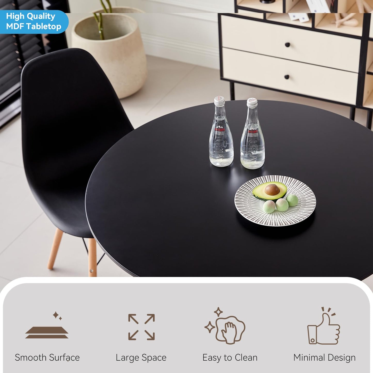 Lecafur HL 5-Piece 35.5" Round Dining Table Set, Small Kitchen Table Chairs Set of 4 Plastic Seats, Solid Wood Legs, Space Saving Furniture for Living Room Apartment Office Home, Black
