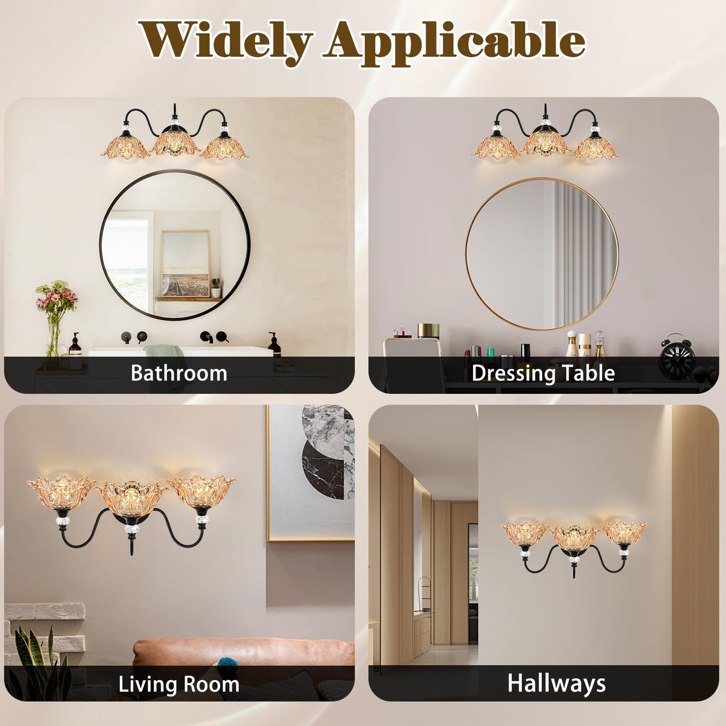 sunkryster Black Bathroom Vanity Light,3-Light Vanity Light with Floral Amber Glass Shades,Vintage Farmhouse Wall Mount Lighting for Bathroom, Dressing Table