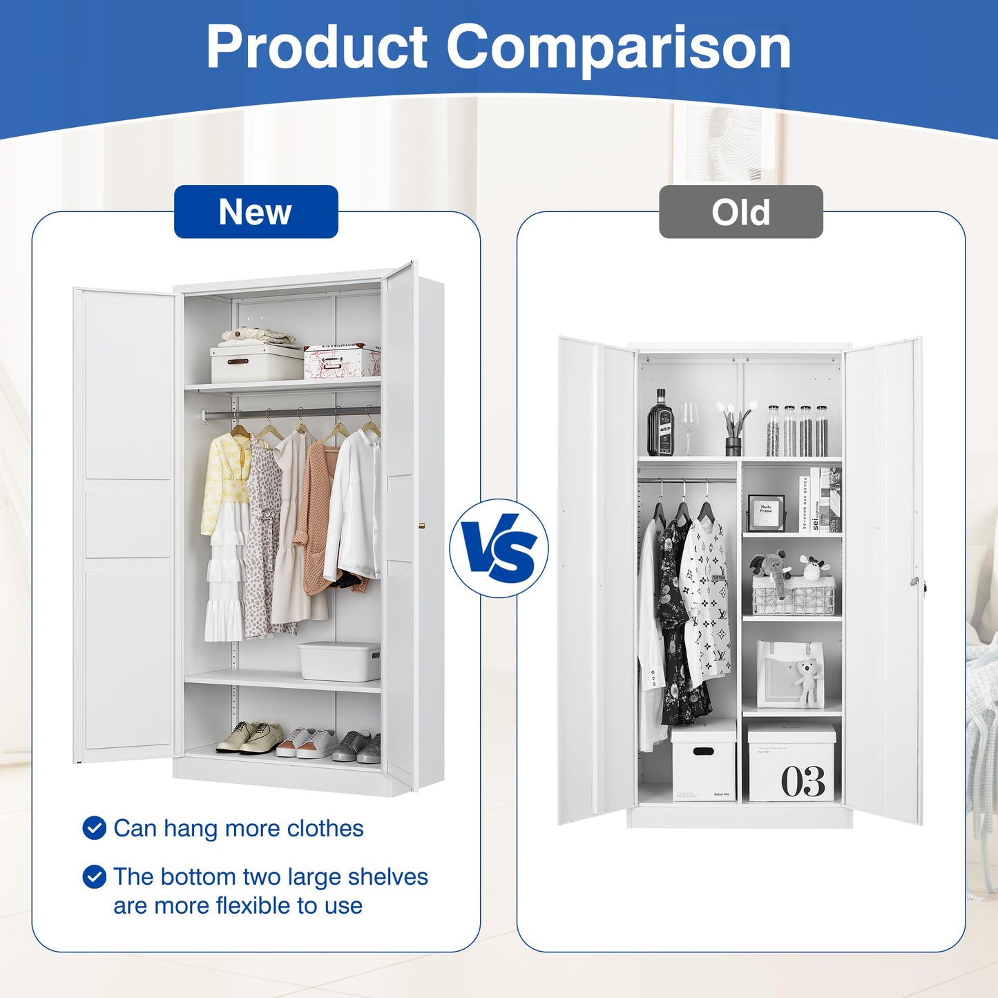 BYNSOE Metal Armoire Wardrobe Closet with 2 Doors 72'' Wardrobe Cabinet with Hanging Rail Metal Closet with Adjustable Shelves for Bedroom Require Assembly(White, 72inch)