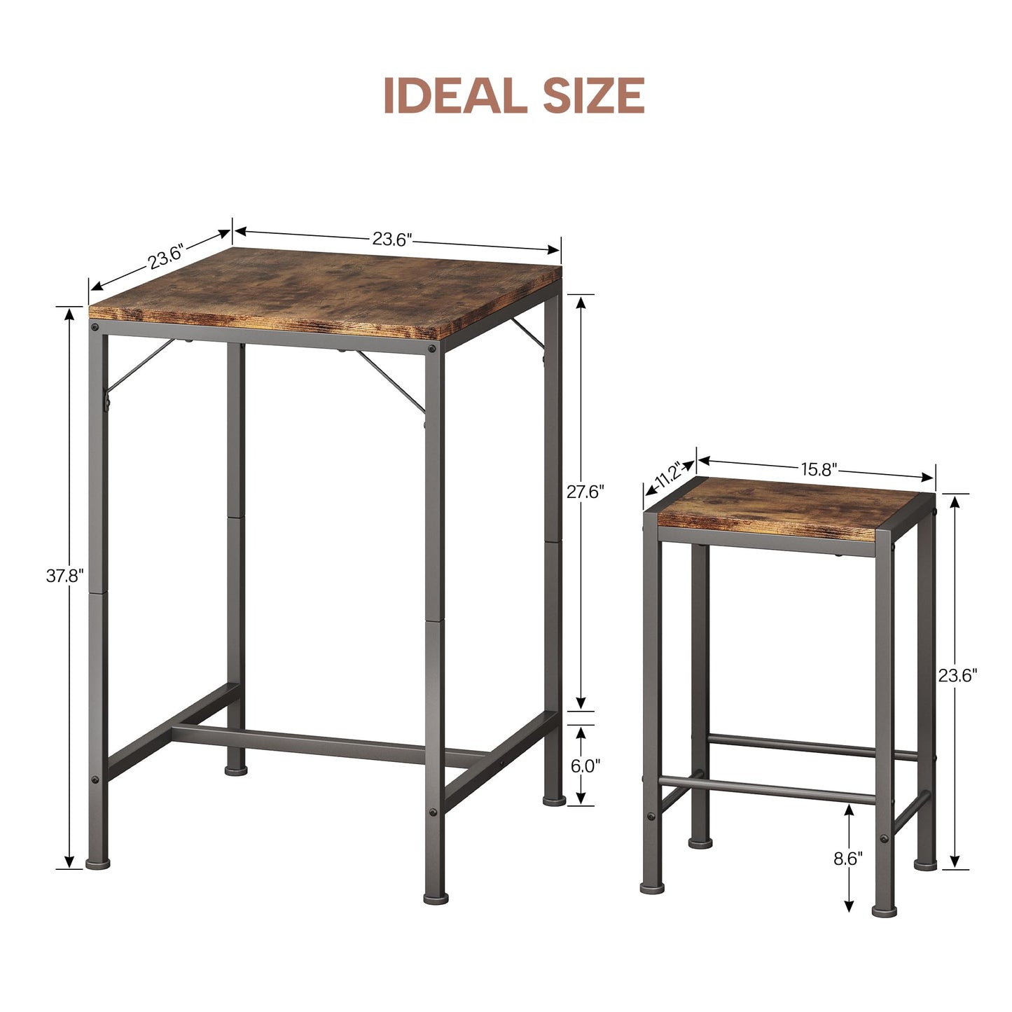 Homeiju Bar Table and Chairs Set, Square Bar Table with 2 Stools, Space-Saving Dining Pub Set for 2, Perfect for Kitchen, Breakfast Nook, Living Room & Small Spaces, Rustic Brown