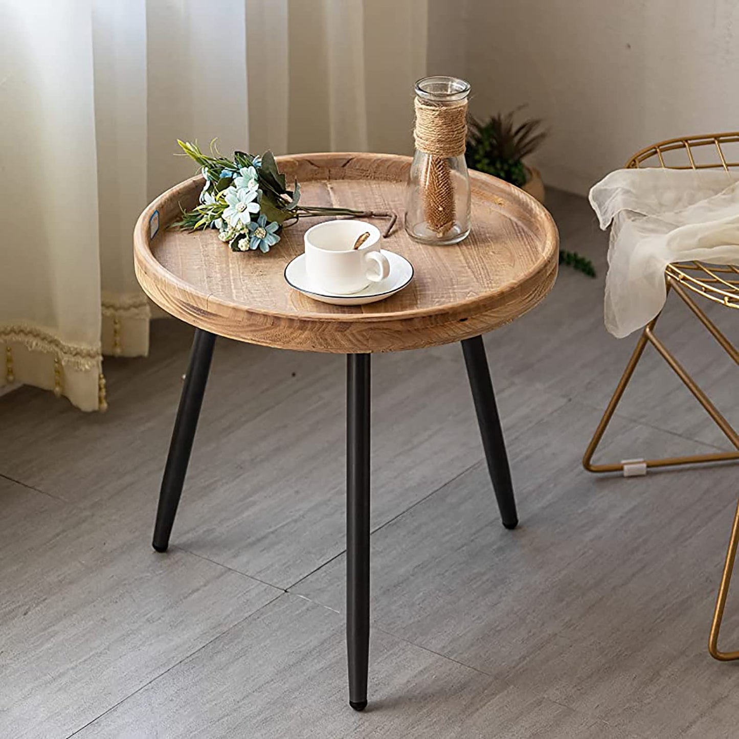 Tiita Round End Table Mental Side Table Nightstand/Small Wood Tables Accent Coffee Table with Wooden Tray for Living Room Bedroom Office Small Space