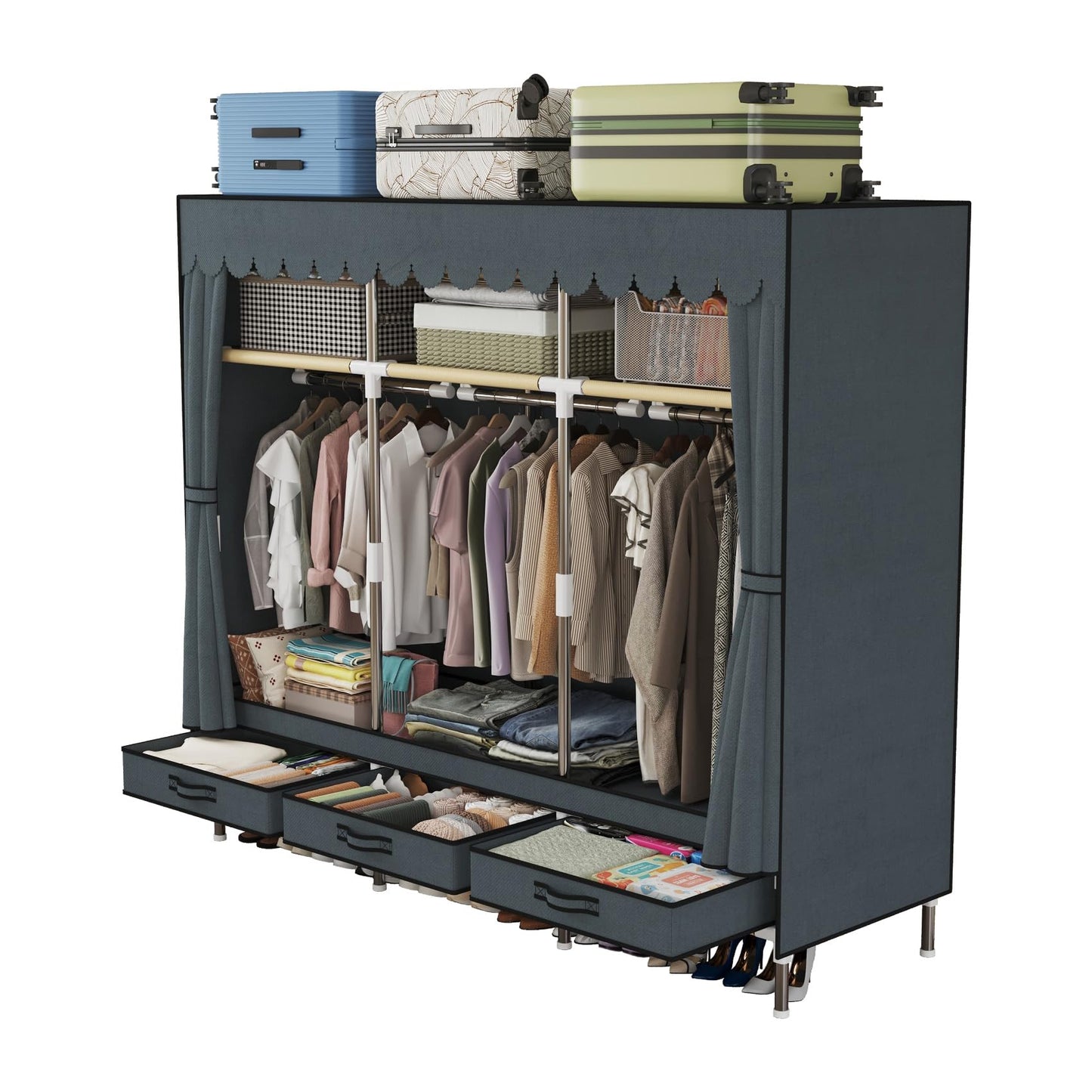 LEAIJIAFY Portable Wardrobe, Freestanding Closet Hanging Organization, Metal Frame with Gray Fabric Cover, 3 Storage Compartments, 3 Hanging Rods, 3 Drawers.