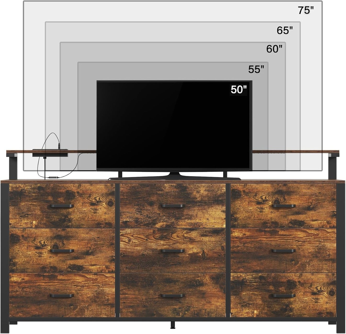 Frmobepts 63'' Rustic Brown Dresser for Bedroom, 9 Drawer Dresser with Power Outlet and Led Lights, Bedroom Furniture with Wooden Drawer and Metal Frame, TV Stand with Deep Drawer Storage