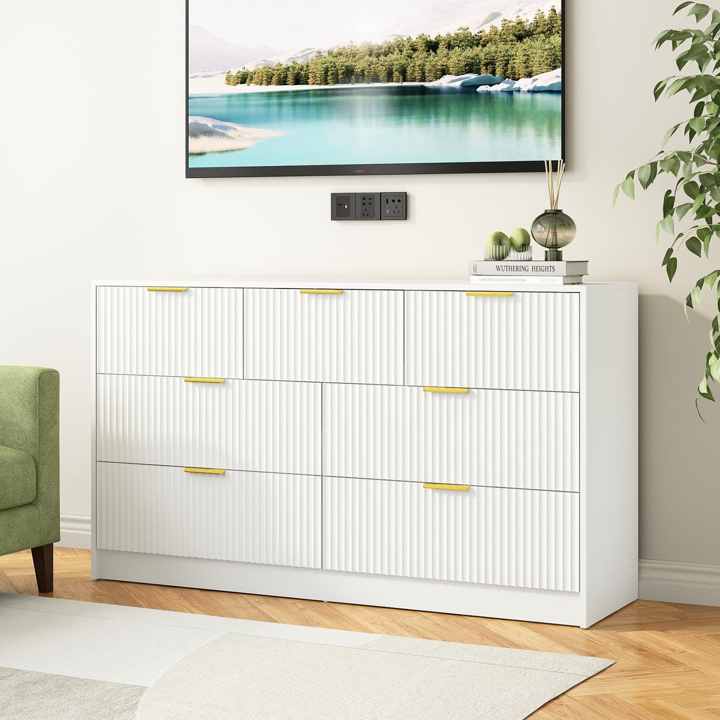 Sscaktu 7 Drawers Dresser for Bedroom,55" Wide Fluted Dresser with Deep Drawers, Modern Chest of Drawers, Wood TV Stand Storage Organizer for Closet, Living Room, Hallway, White