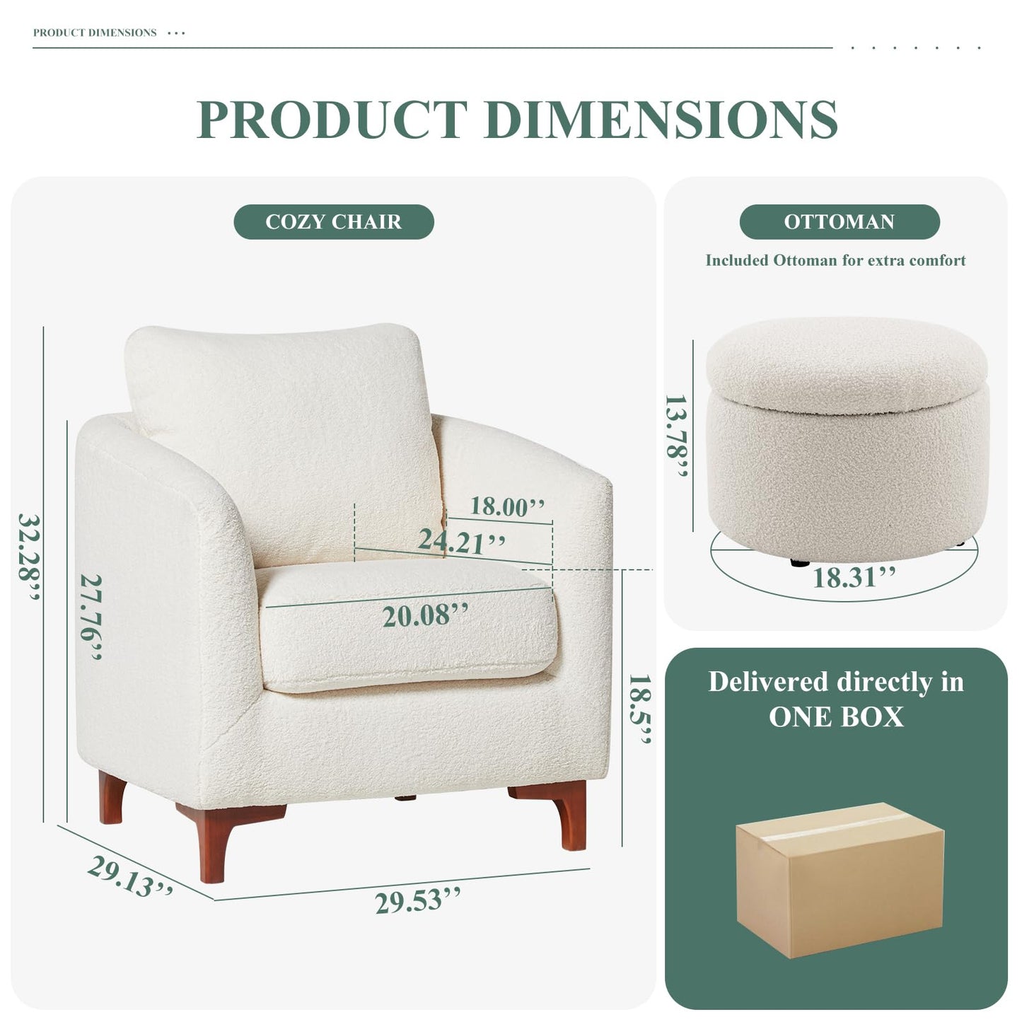 COLAMY Sherpa Accent Chair with Storage Ottoman Set, Upholstered Barrel Arm Chair with Footrest, Modern Living Room Chair with Back Pillow, Cream
