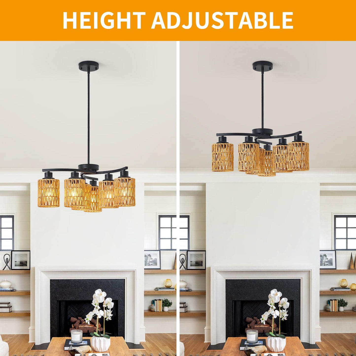 AIBISOD 6-Light Black Chandelier, 6-Light Farmhouse Boho Rattan Chandelier Dining Room Light Fixtures Over Table, Hand-Woven Wicker Shade, Adjustable Height for Dining Room Kitchen Island, E26 Base