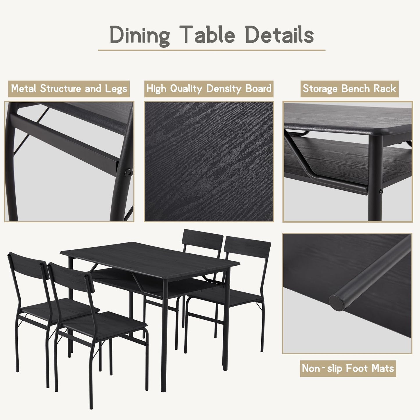 ECOTOUGE Dining Table Set for 4, Wood Kitchen Table and Chairs with Storage Shelves & Metal Frame, Compact Mid-Century Modern Rectangle Dinner Table Sets for Small Space, Apartment, Black