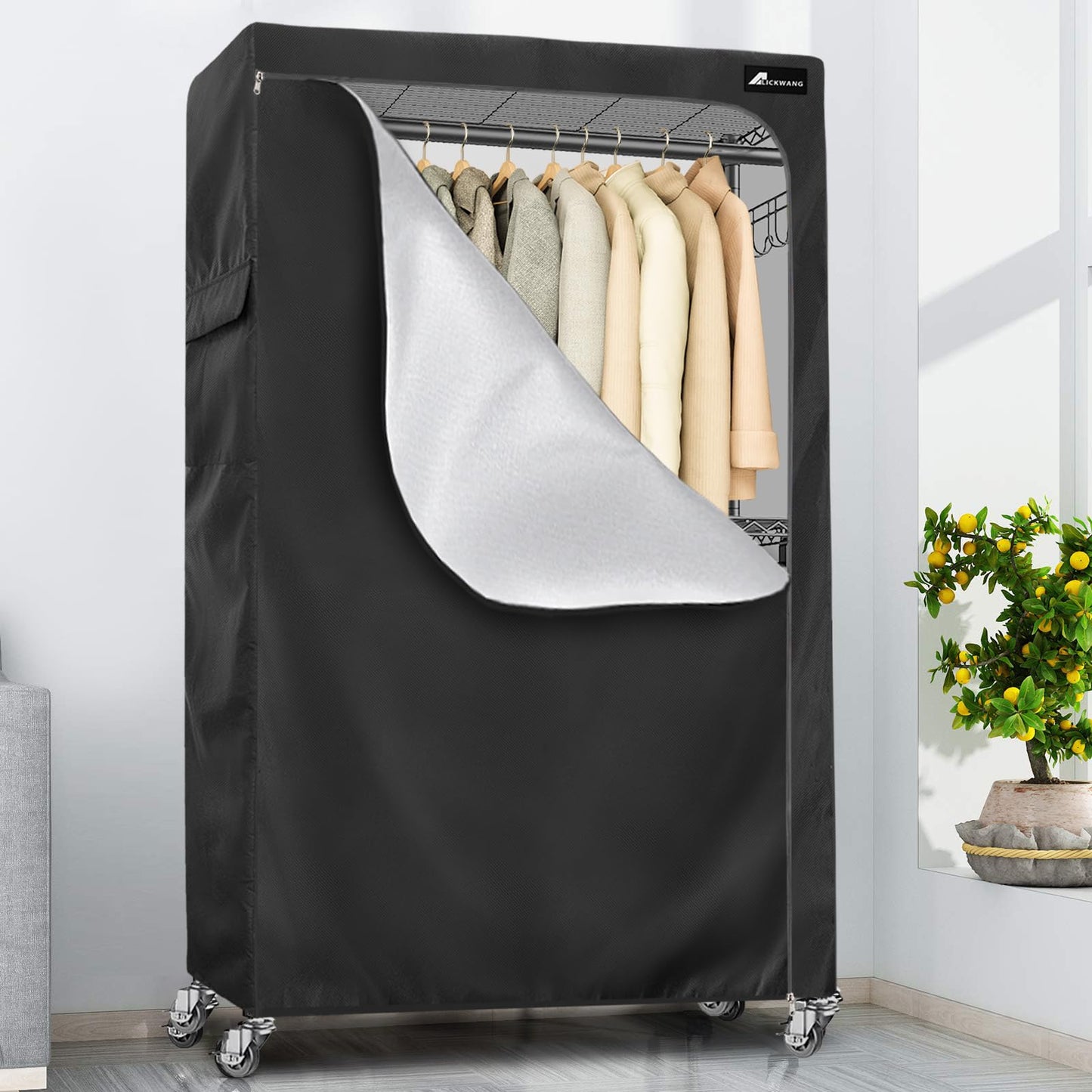 Alickwang Garment Rack Cover,Heavy Duty 600D Dustproof Waterproof Clothing Rack Cover with Zipper - Clothing Rack Covers for 45"W x 17.7"D x 80.3"H Metal Racks （Cover Only)