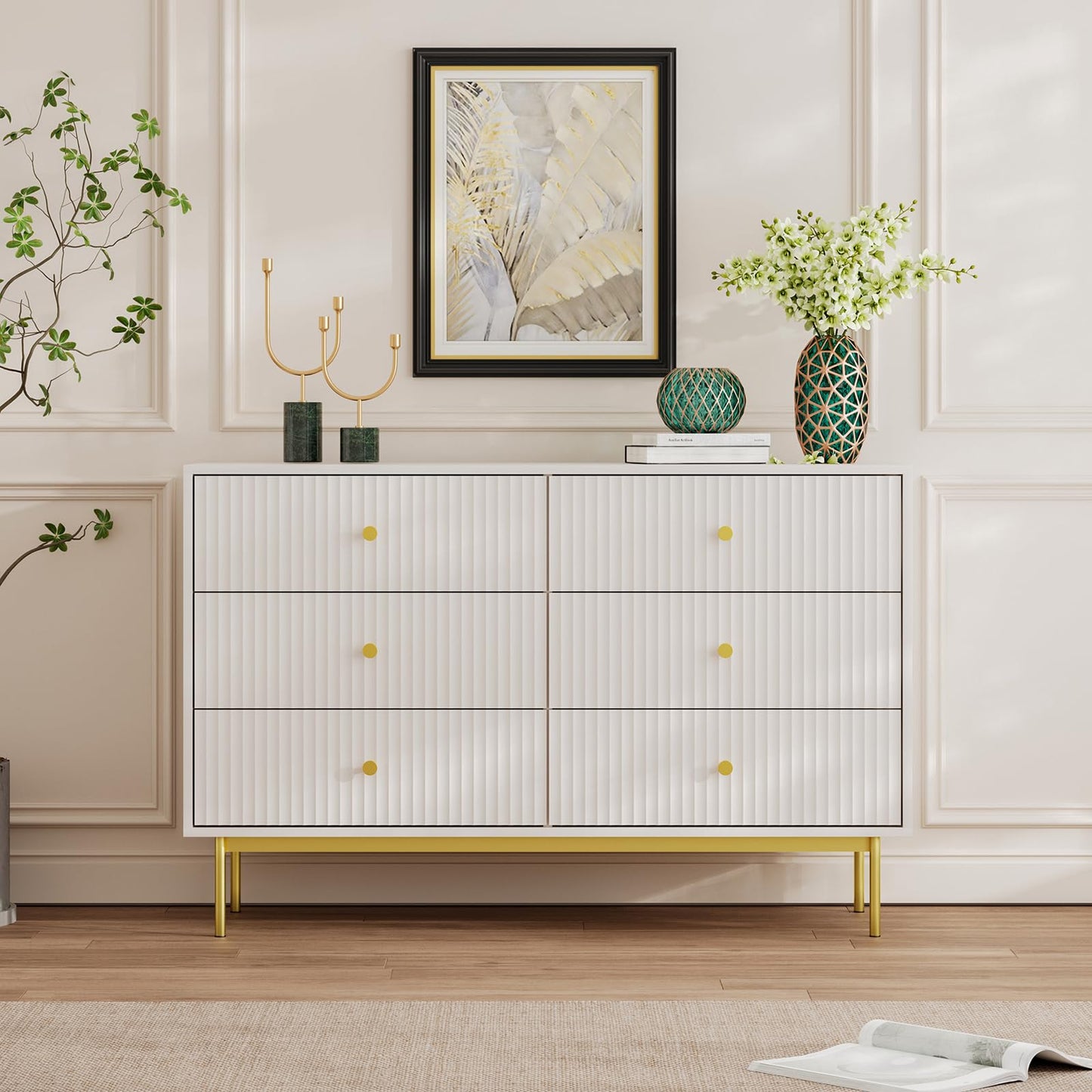 MAISONARIA 6 Drawer Double Dresser for Bedroom, White Dresser with Gold Handles, White 6 Drawer with Fluted Panels for Bedroom