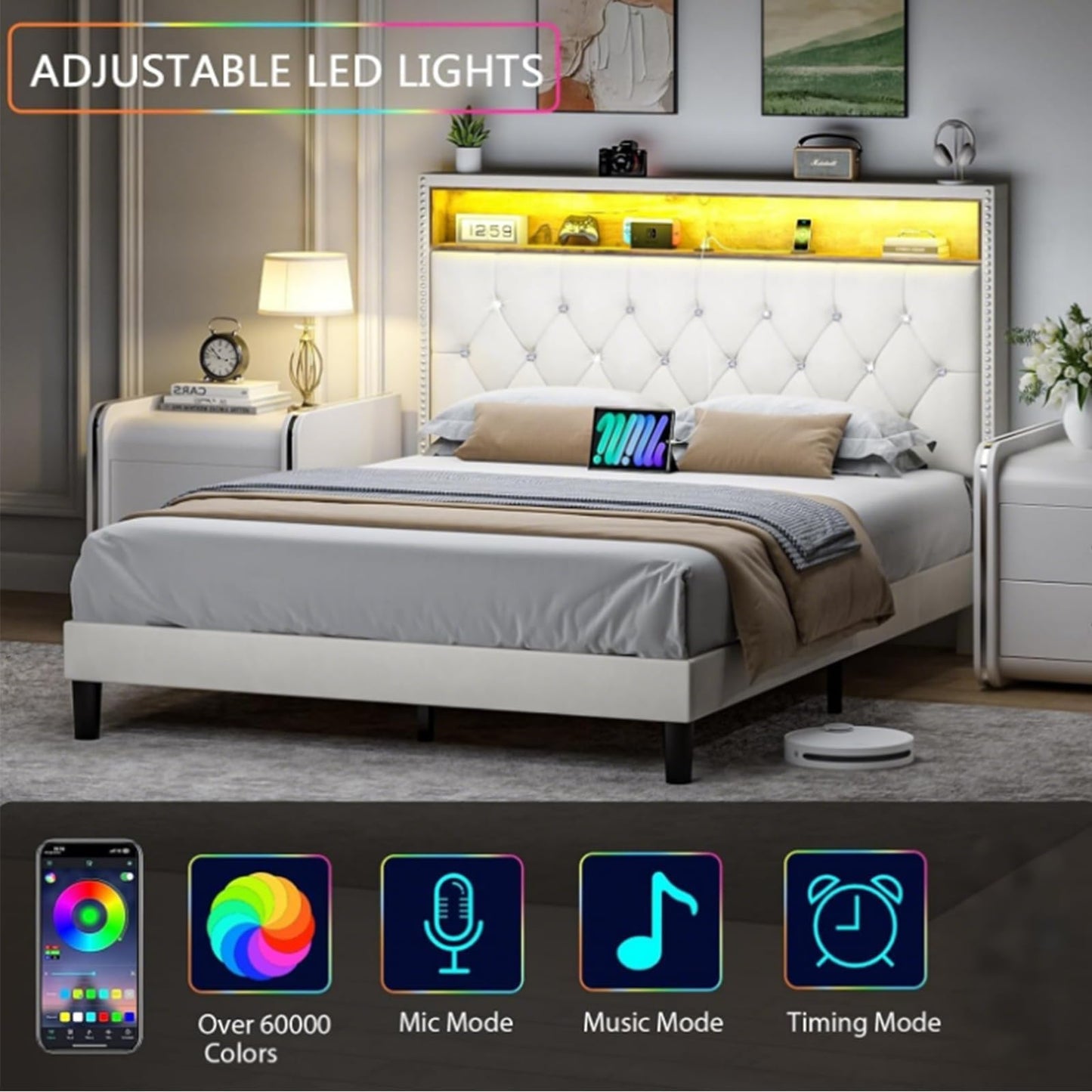 Full Size Bed Frame with LED Lights, Velvet Upholstered Platform Bed with Storage Headboard and Charging Station, Full Bed Frame with Diamond Design, Wood Slats Support, No Box Spring Needed, Beige