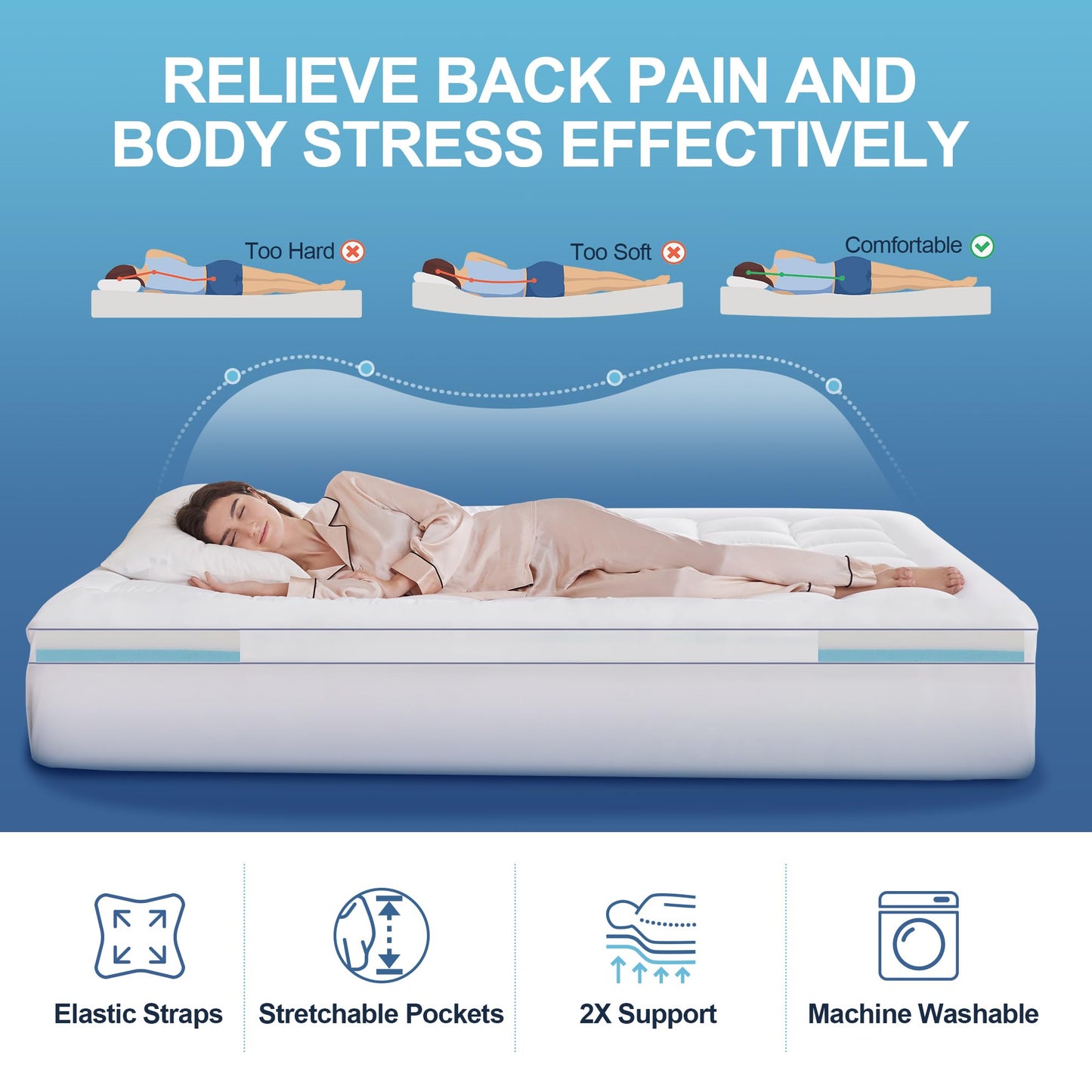 Eiayeebil Memory Foam Queen Mattress Topper, 4 Inch Dual Layer Mattress Pad with Pillow Top Mattress Topper Queen Size Bed Cover, Support for Back Pain (White)