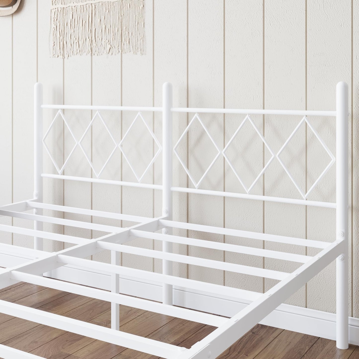 Kinshionroyal 14 Inch Full Size Bed Frame No Box Spring Needed,Metal Platform with Headboard and Footboard,Heavy Duty Slats Support Easy Assemble Noise Free(White and Rhombus)
