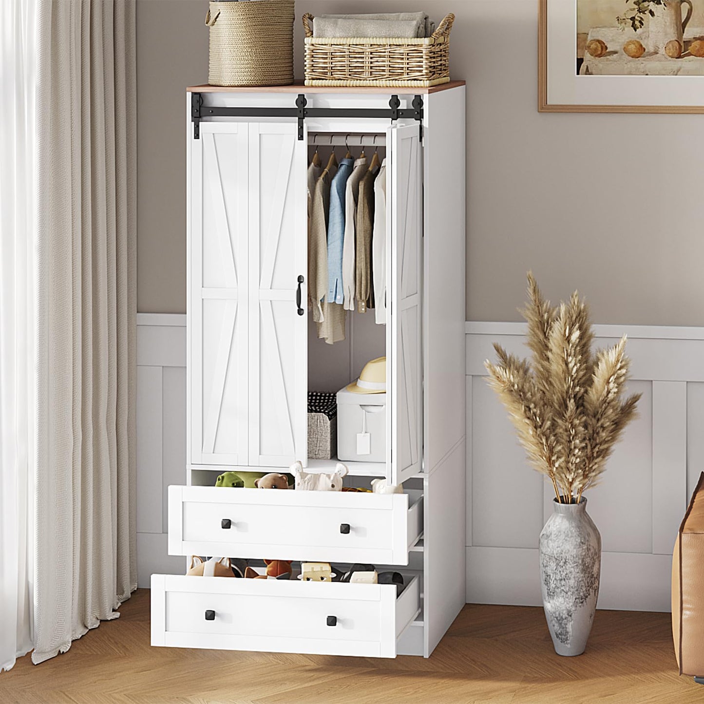 Maupvit Farmhouse Armoire with 2 Folding Sliding Barn Doors and Drawers 70.9" Tall Wooden Bedroom Wardrobe Closet with Spacious Storage Cabinet with Hanging Rod for Bedroom, White