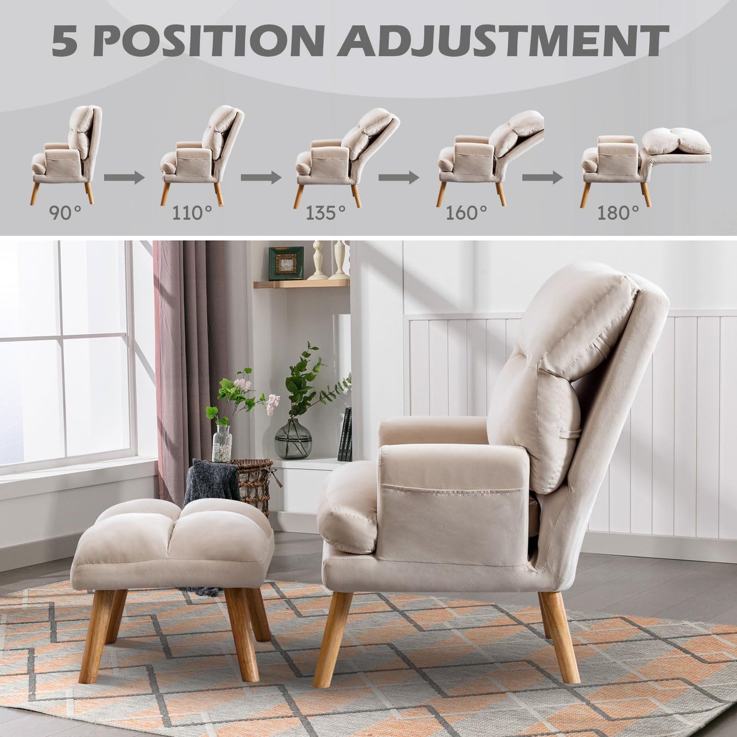 IOMOR Accent Chair with Ottoman Comfy Reading Chair Armchair with Adjustable Backrest and Side Pockets Soft Fabric Leisure Sofa for Bedroom, Living Room, Dorm Rooms, Garden, Beige