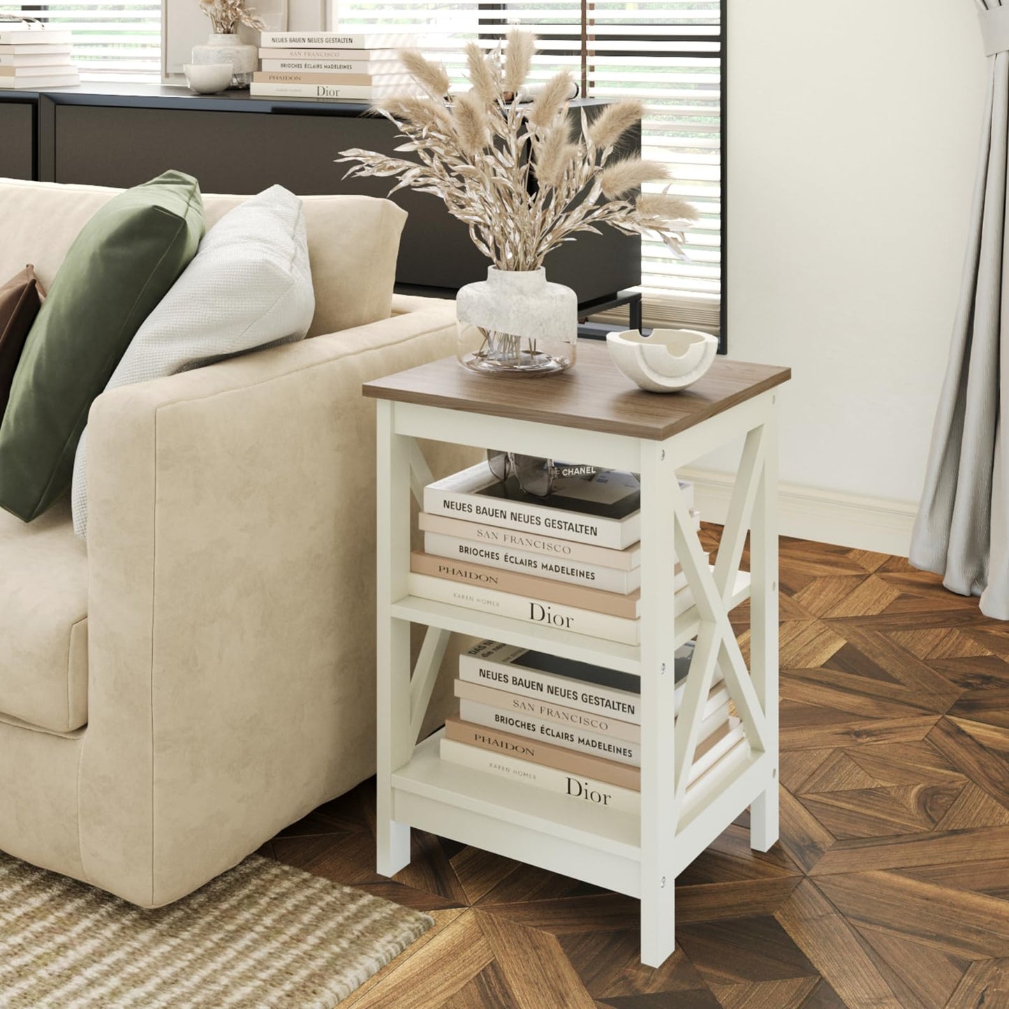 Sophia & William Farmhouse End Table Living Room Set of 2, Sofa Side Table with Storage Shelves, Ivory