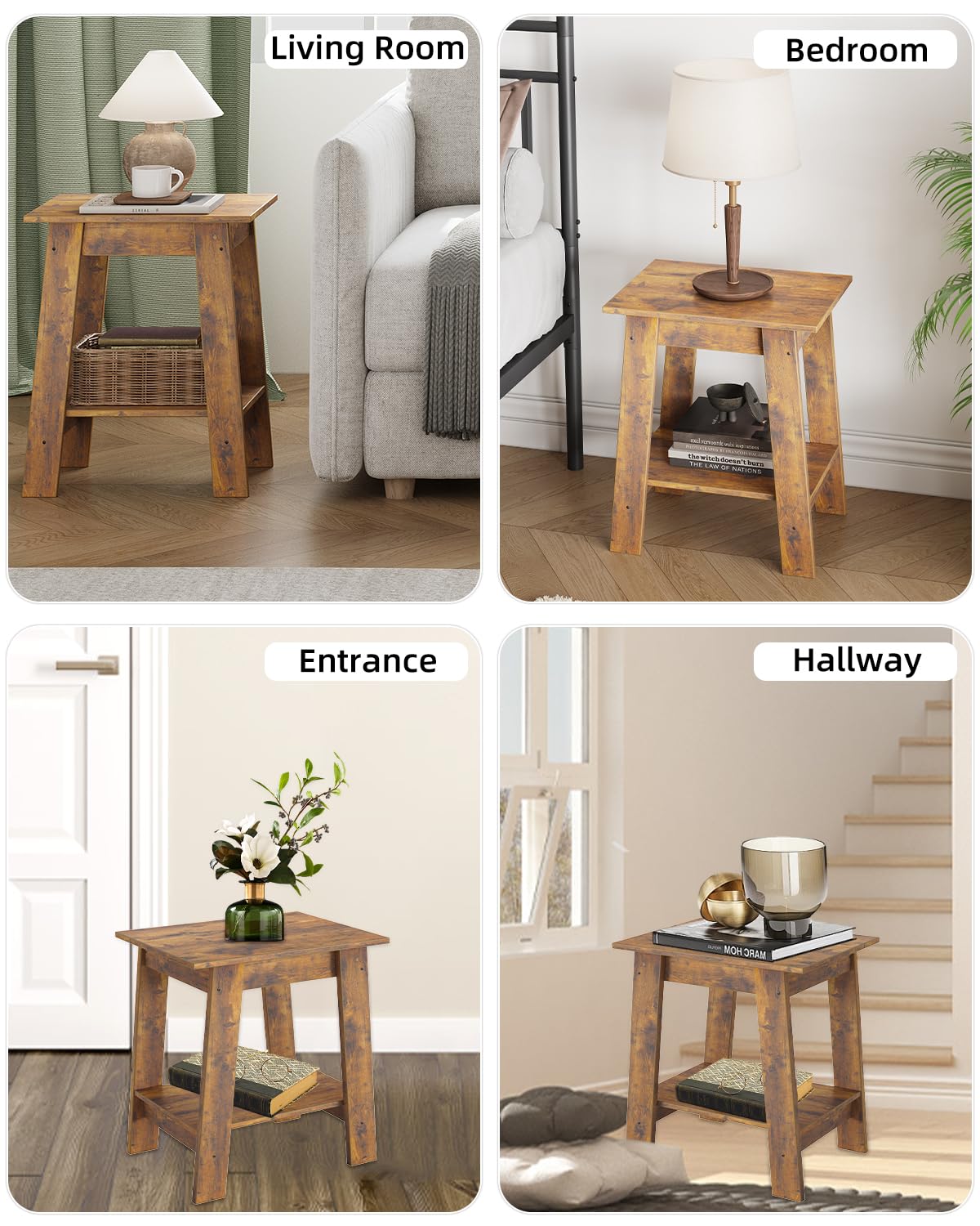 Garvee End Table, Set of 2, Side Table with 2-Tier Storage Shelf, Sofa Table for Small Space, Square Nightstand for Entryway, Farmhouse, Living Room, Easy Assembly, Rustic Brown