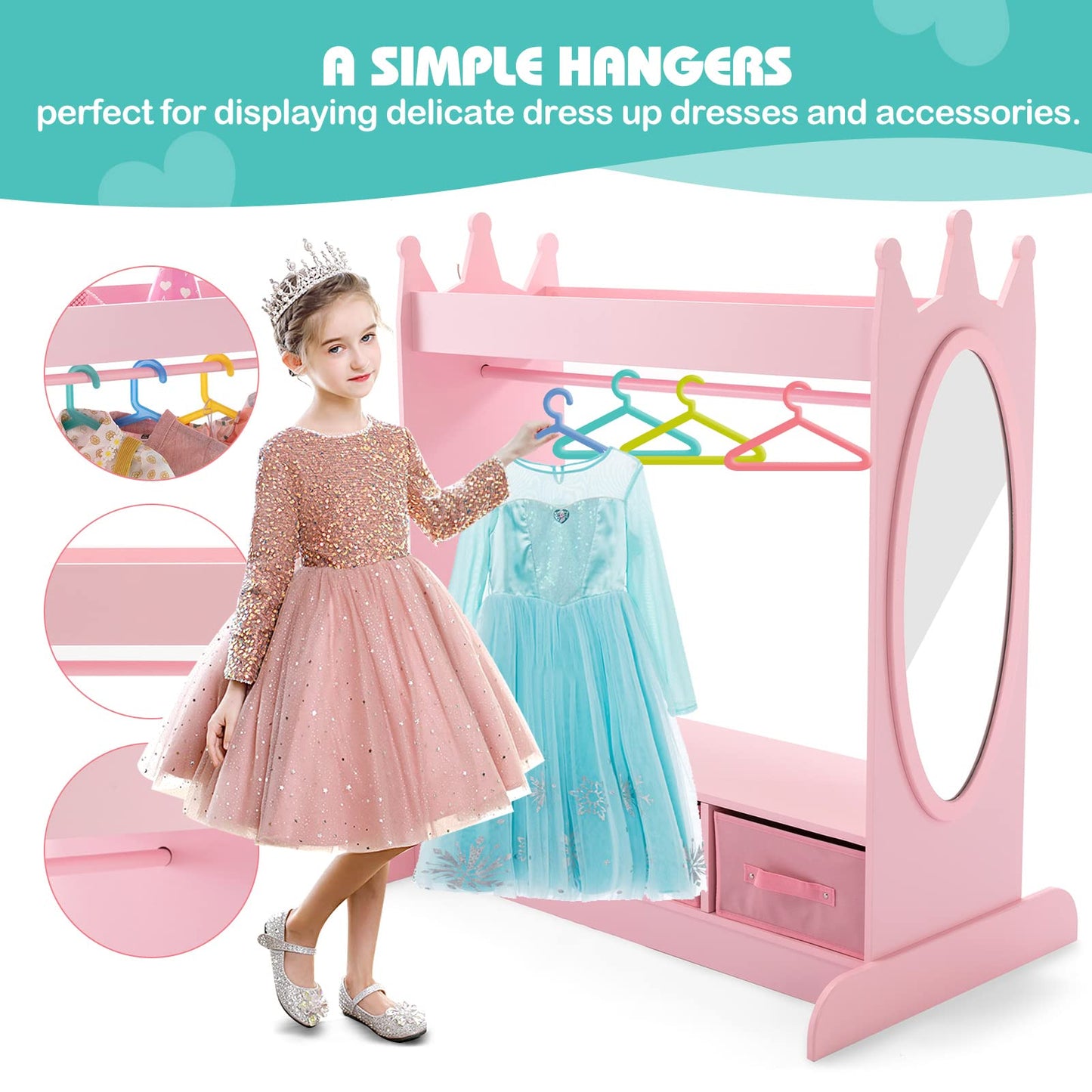 COSVALVE Kids Armoire Dress-Up Storage w/Mirror and Drawers,Dress up Closet,Costume Dress up Wardrobe, Pretend Storage Closet w/Side Pocket Top Shelf for Shoes,Lovely Pink for Girls Room