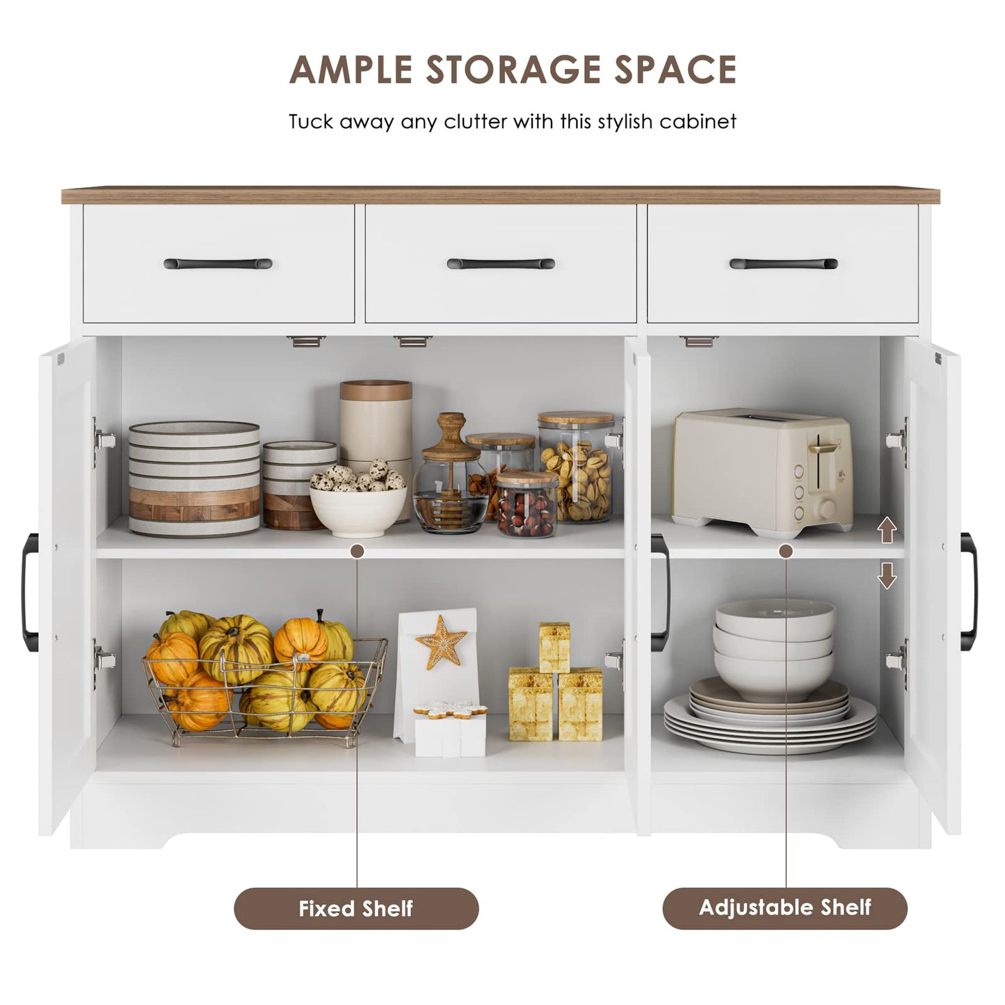 HOSTACK Modern Farmhouse Sideboard Buffet Cabinet, Barn Doors Buffet Storage Cabinet with Drawers and Shelves, Wood Coffee Bar with Storage for Kitchen, Dining Room, Living Room, White
