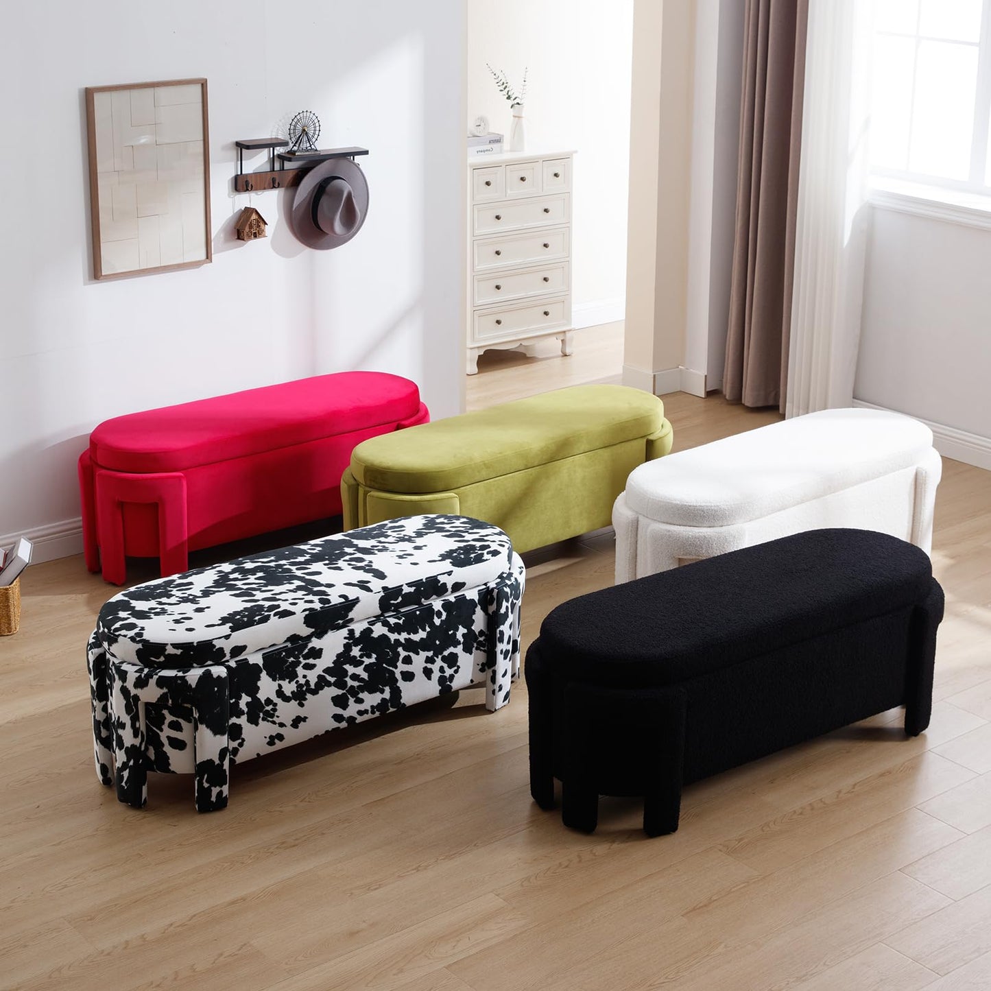 Janoray Modern Upholstered Storage Bench, Velvet Fabric 50" Long Entryway Bench with Storage and Seating, Comfy Cute Ottoman Bench for Living Room/End of Bed/Hallway, Olive Green