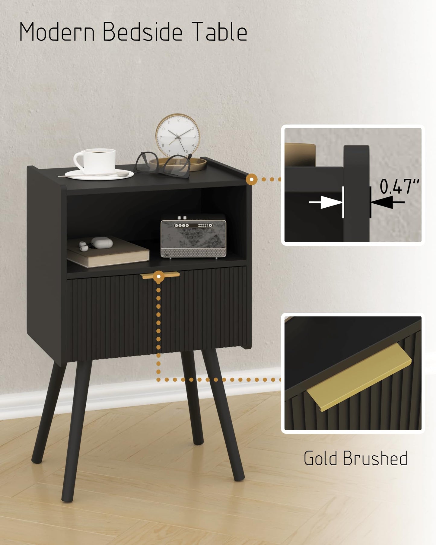 JOONEE Black Nightstand,Modern Bedside Table with Storage Drawer and Open Wood Shelf, for Living Room, Bedroom and Small Spaces, Accent Night Stand with Solid Wood Legs, Easy Assembly,Classic Black