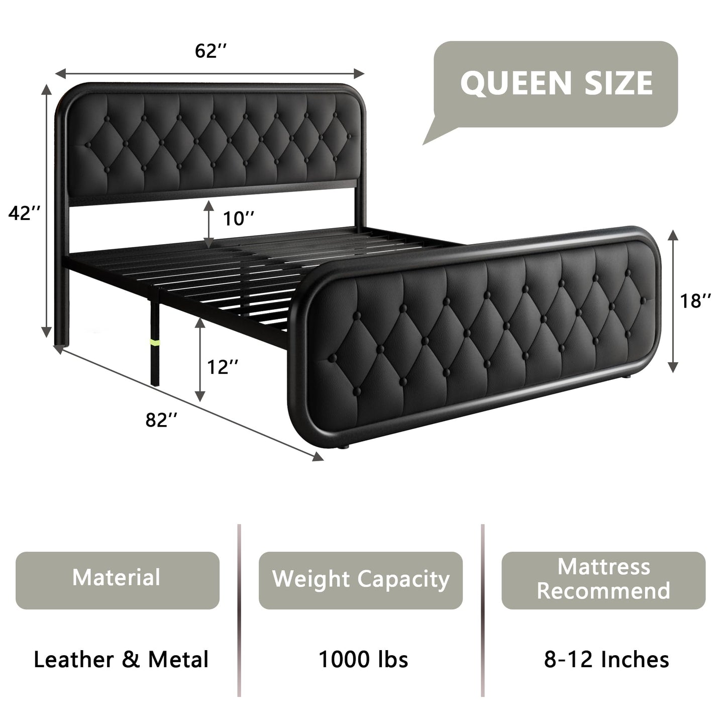 Feonase Queen Size Bed Frame, Heavy Duty Bed Frame with Faux Leather Headboard, Upholstered Platform Bed with Strong Metal Slats, 12" Under-Bed Storage, Noise-Free, Easy Assembly, Black