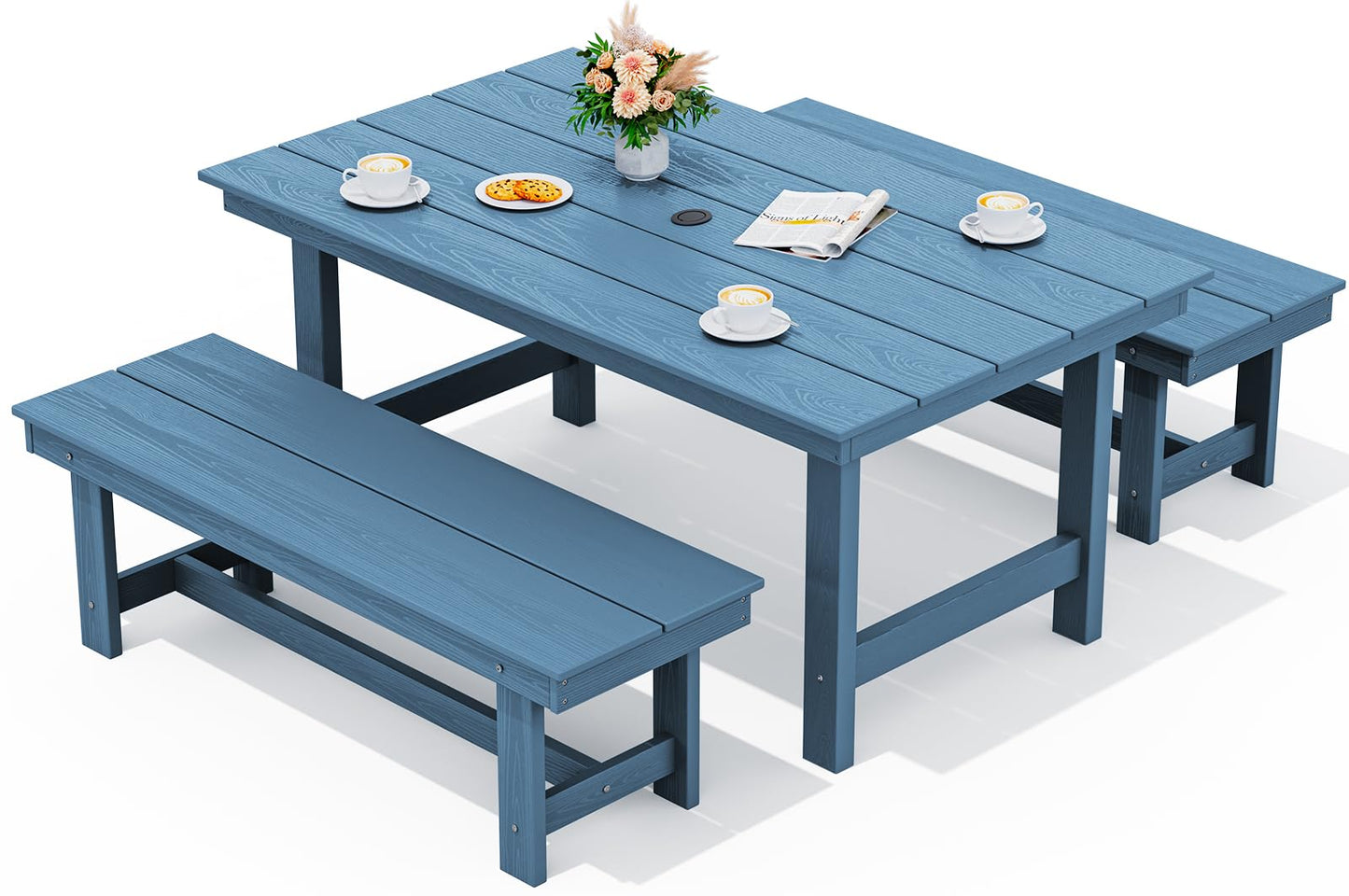 SERWALL Kitchen Table Set for 4，67" Extended Large Dining Table with 2 Benches, Blue