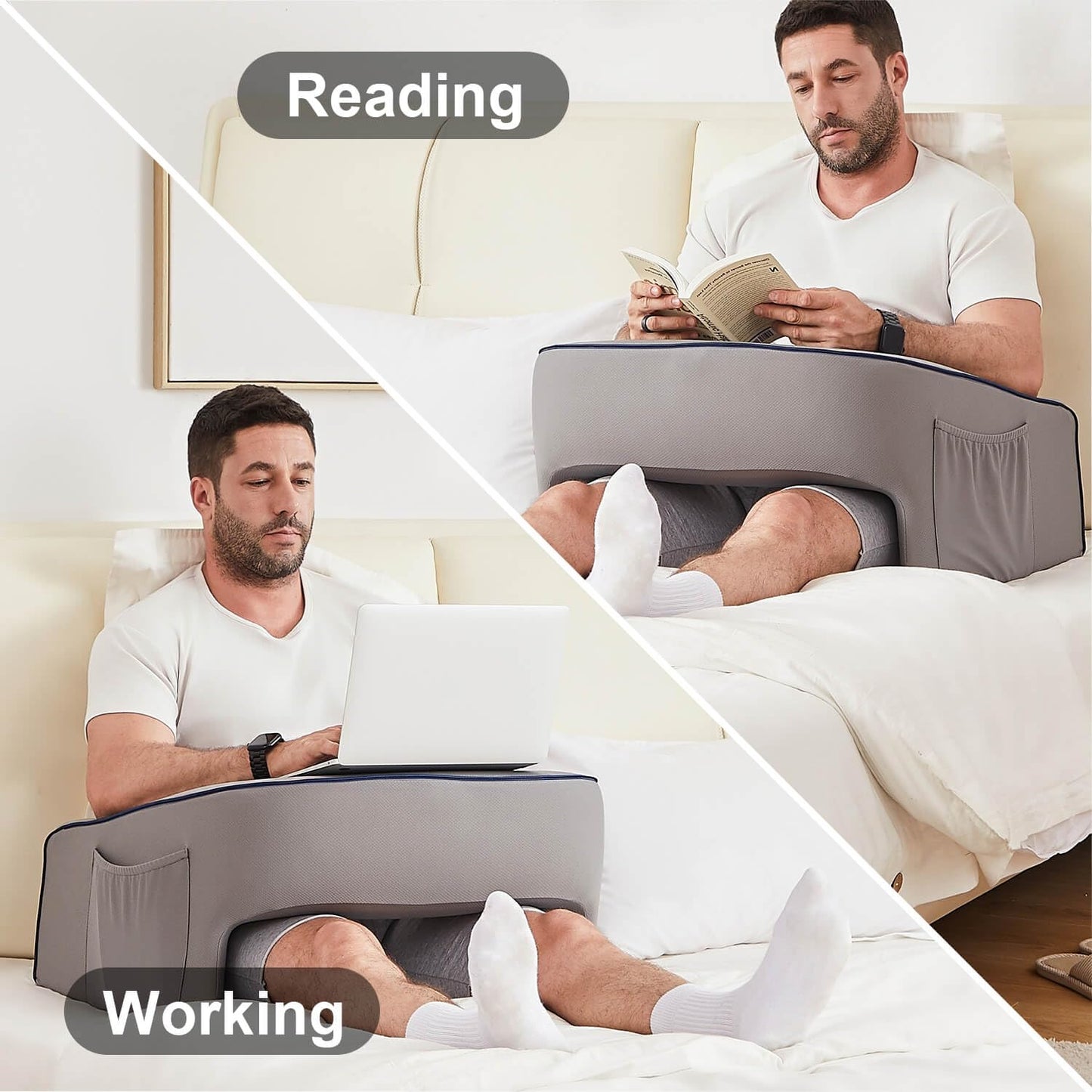 cooloo8 Soft Lap Desk Pillow for Adult, Extra Large Reading Pillow with Pocket, Arm Rest Pillow, Memory Foam Bed Rest Pillow can Reading, Working in Bed Floor Sofa (Grey)
