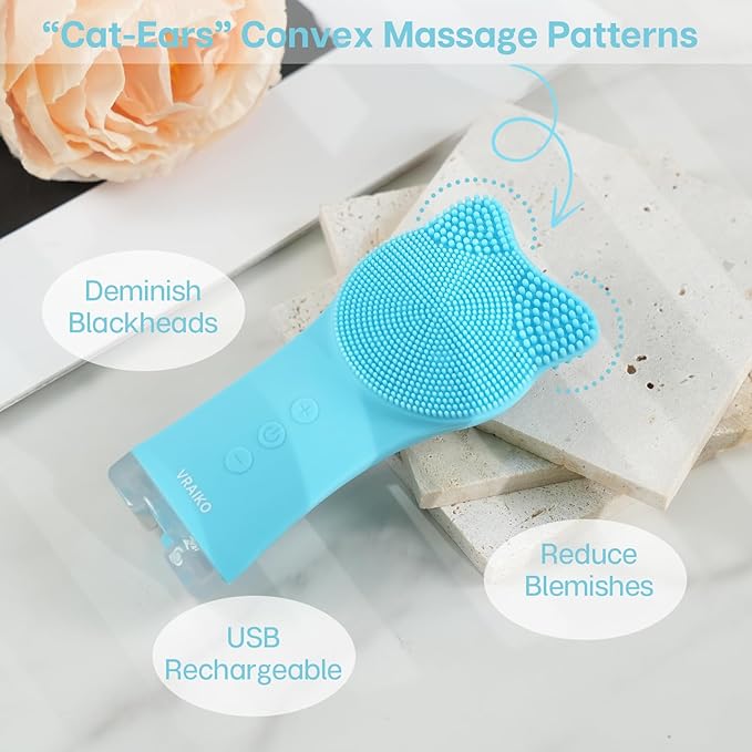 MIA Facial Cleansing Brush, Waterproof Rechargeable Face Cleansing Brush, with Soft Silicone and Adjustable Sonic Vibration, for Deep Cleansing Gentle Exfoliating and Massaging (Blue)