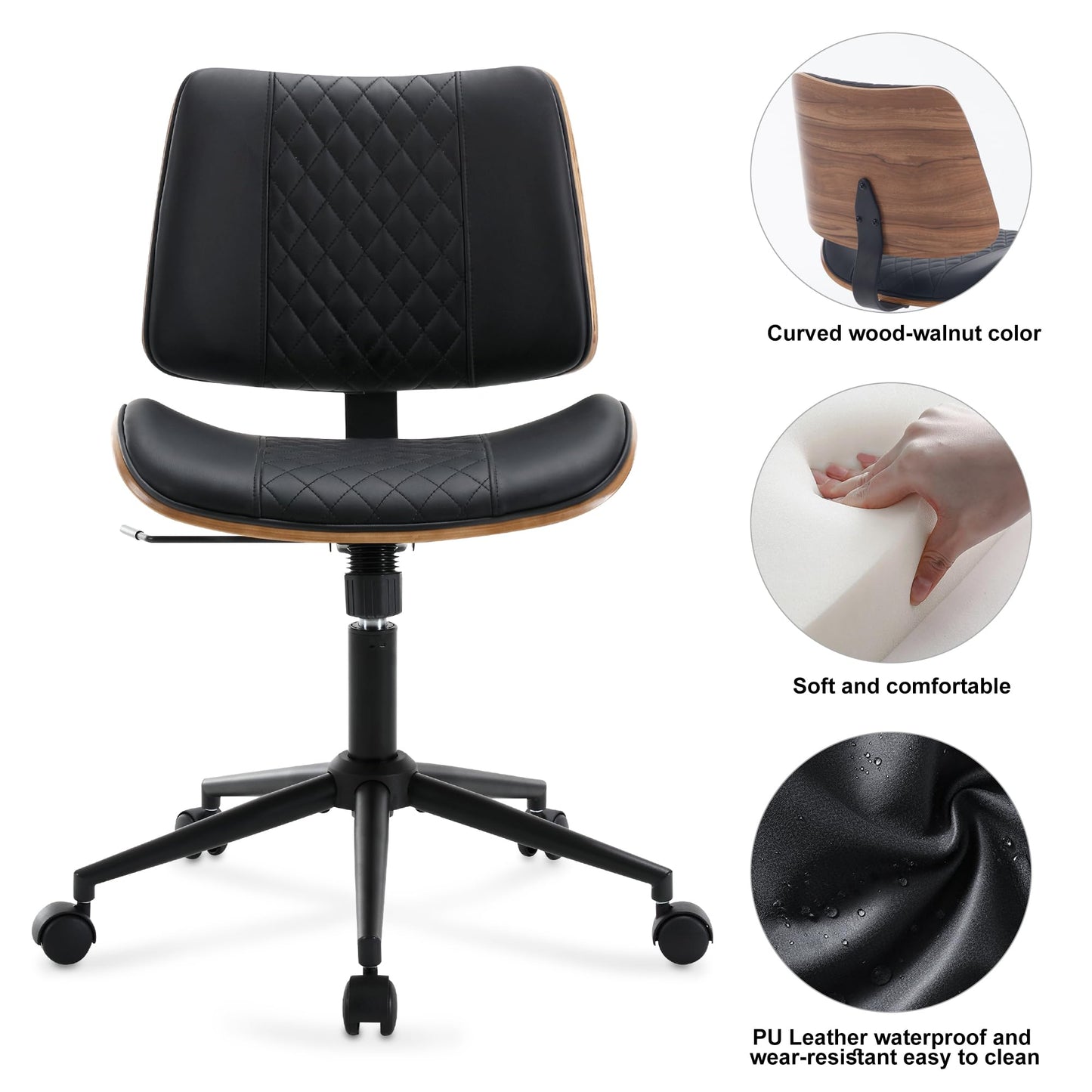 BV Small Desk Chair, Mid Century Office Chair with Bentwood Back, Armless Task Swivel Chair with Wheels, Mid Back No Arms, Faux Leather Office Chairs for Small Space, Black