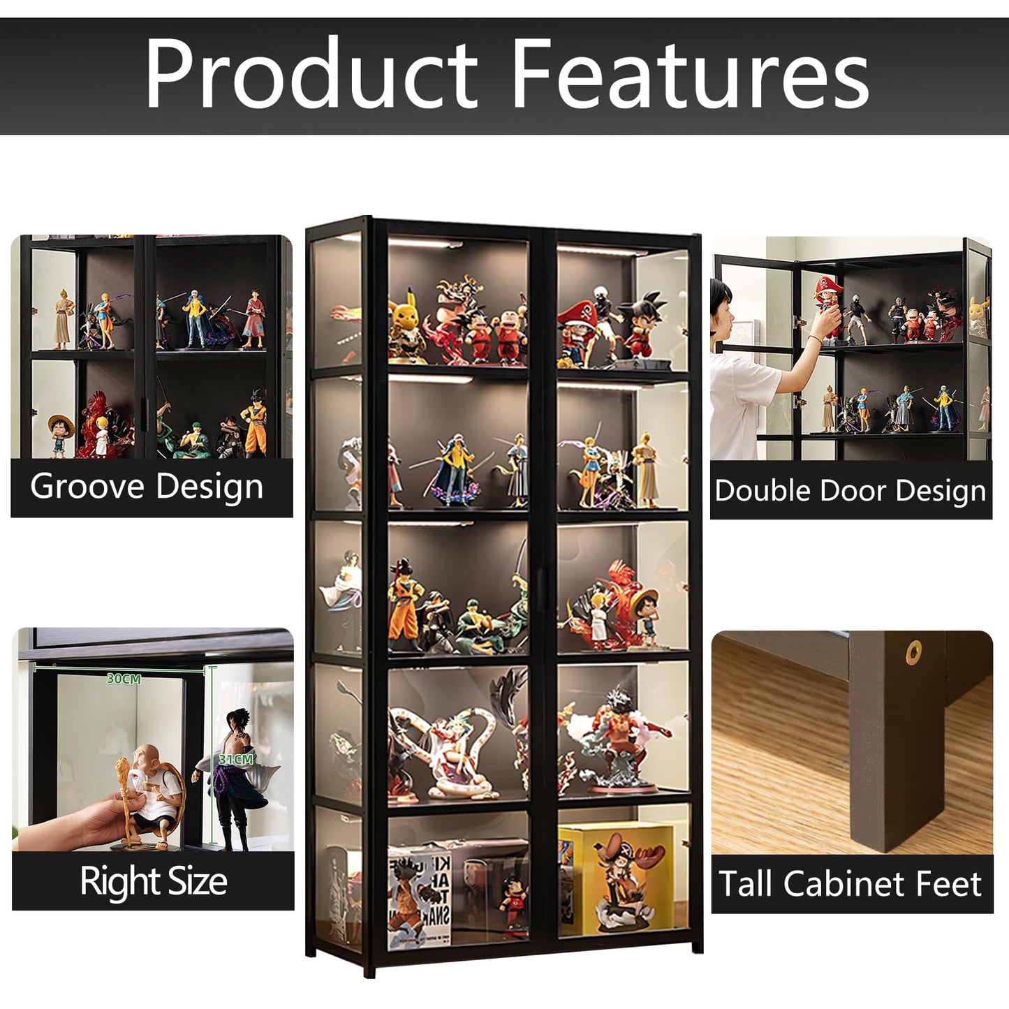 QOEUDD Display Cabinet with Acrylic Glass Door, 5 Tier Curio Display Case, Collectibles Toy Organizers Rack & Display Shelf, Kids Bookcase for Bedroom, Reading Nook, Toddler's Room, Bamboo