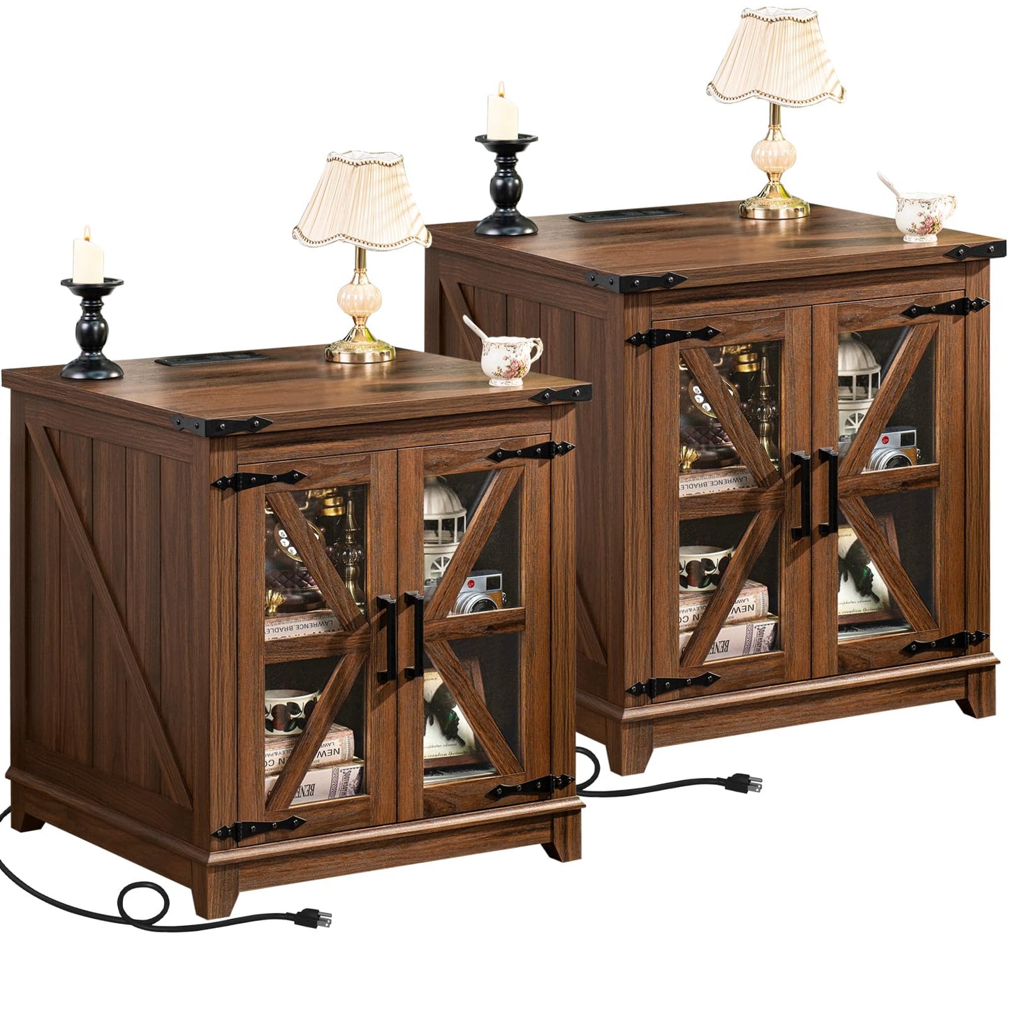 Joaxswe Farmhouse End Table with Charging Station Set 2, 24" Large Sofa Side Table with Glass Barn Door, Nightstand with Adjustable Storage Shelf,Wood Square Bedside Table for Living Room,Bedroom