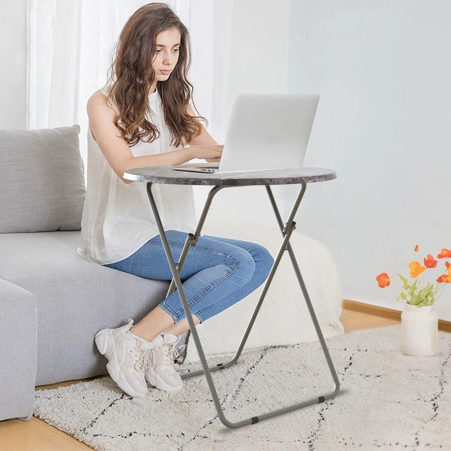 Fleecy day TV Tray Table, Portable TV Dinner Table for Eating, Small Foldable Round Table, TV Side Trays Table Set of 2, Snack Table for Couch, Living Room, Outdoor, Small Space (Black Marble, 2Pcs)