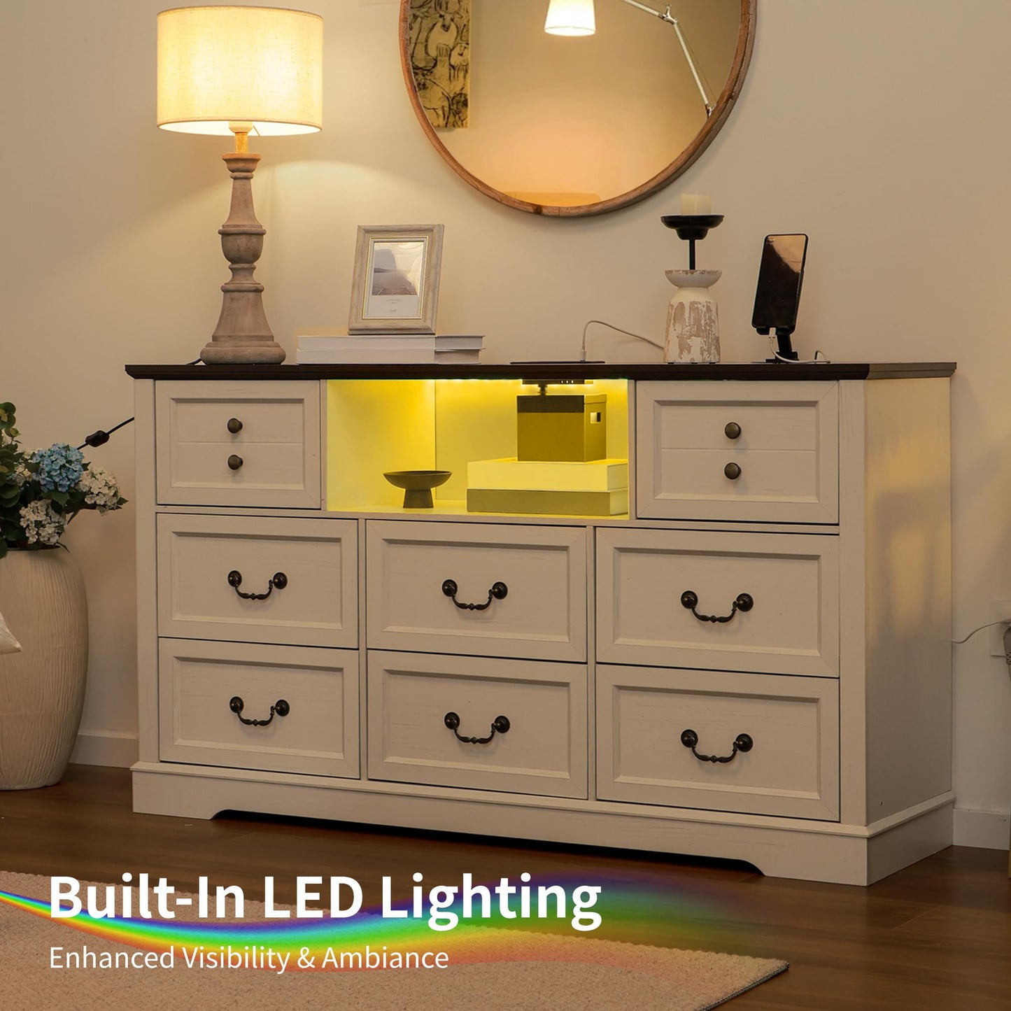 Homkdom White Dresser for Bedroom with Charging Station & Led Lights,55.02" TV Stand with 8 Drawers,Dressers & Chests of Drawers with Open Shelves,Hallway,Closet 55.02" W x 34.53" H x 15.77" D White