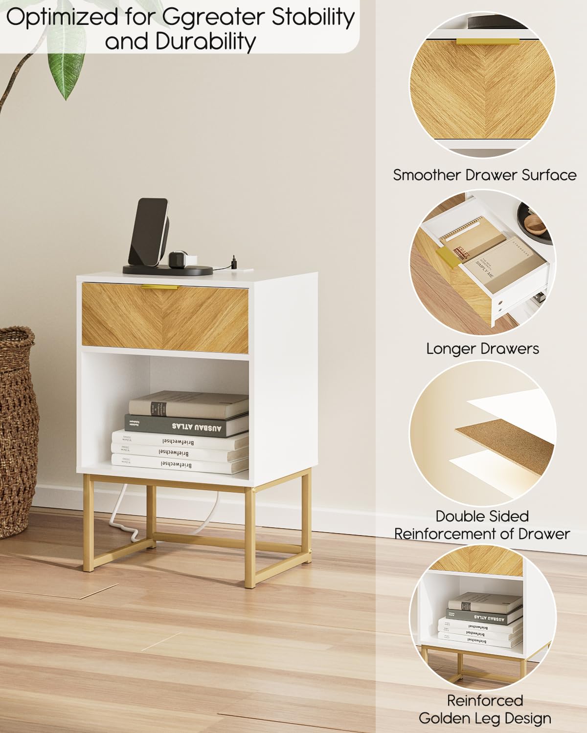 Acodaiuy Nightstand with Charging Station, Boho Night Stand with Drawer Wood Farmhouse Bedside Table with Storage, End Side Accent Table for Bedroom,Living Room,White