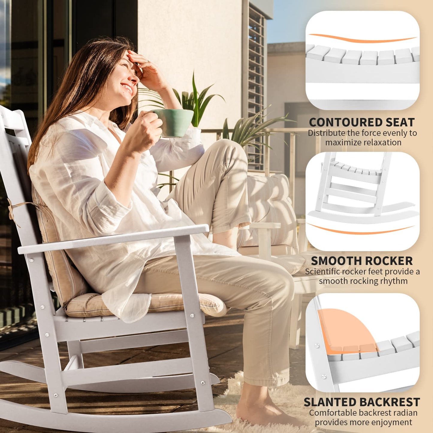 FUNBERRY Outdoor Rocking Chairs, HDPE All Weather Poly Lumber Rocker, High Back Patio Rockers Easy Assembly