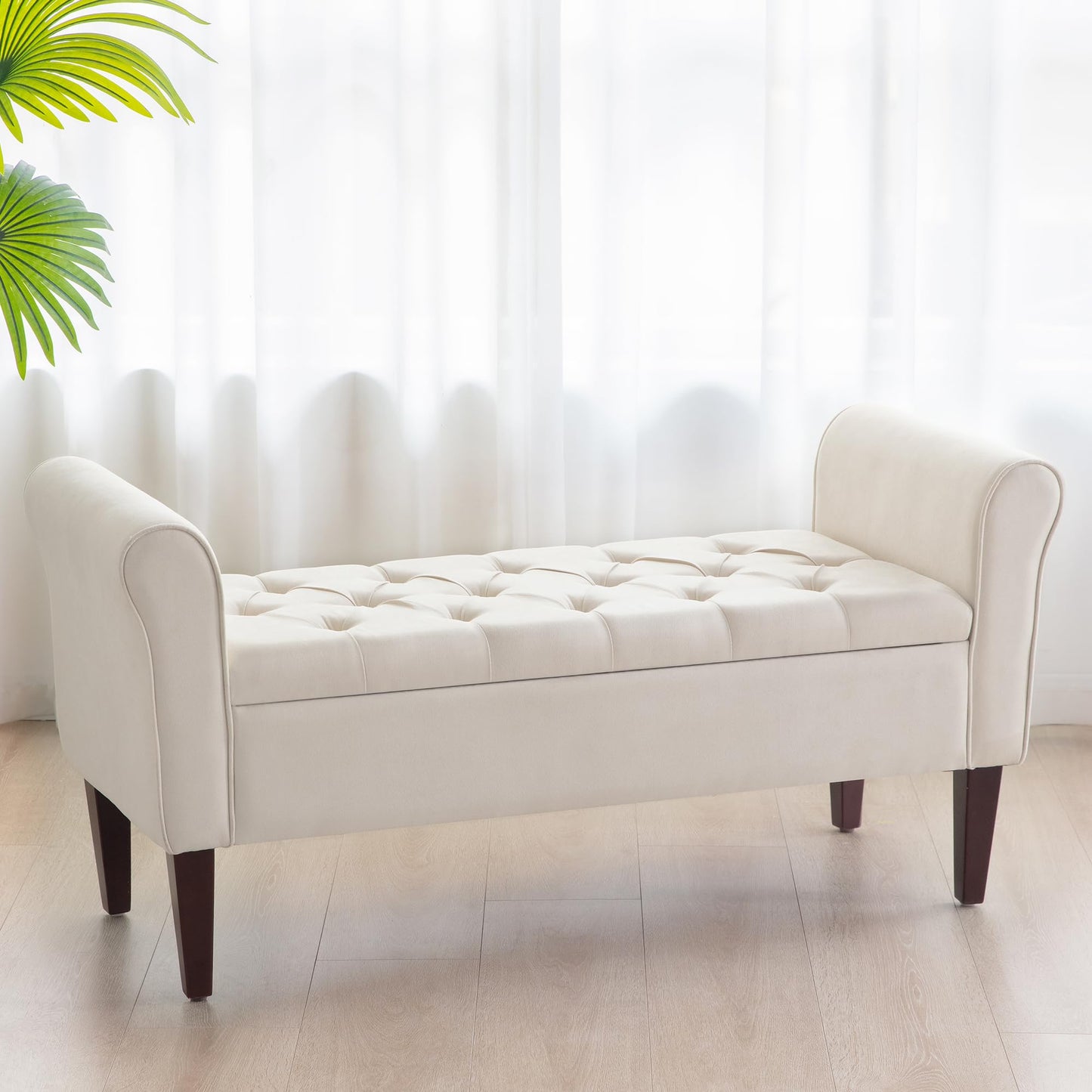 HUIMO 50.4" Arm Storage Bench with 7.5-inch Solid Wood Legs, Button-Tufted Storage Ottoman, Upholstered Window Sitting Bench for Bedroom,End of Bed Bench Indoor, Living Room, Entryway (Beige)