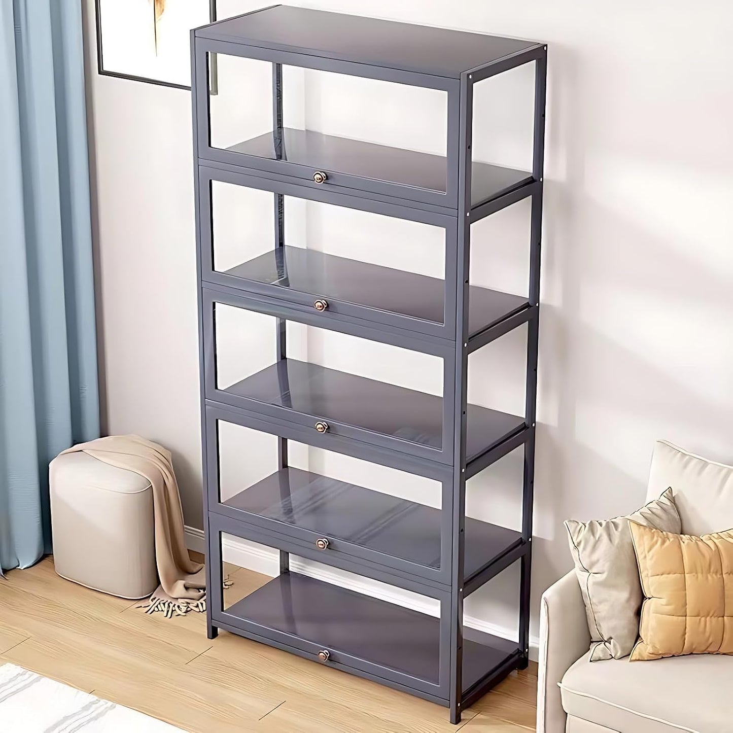 ouioyggk Display Cabinet with Acrylic Glass Door, 5-Tier Curio Display Case, Collectibles Toy Organizers Rack & Display Shelf, Kids Bookcase for Home, Office, Playroom, Living Room, Grey