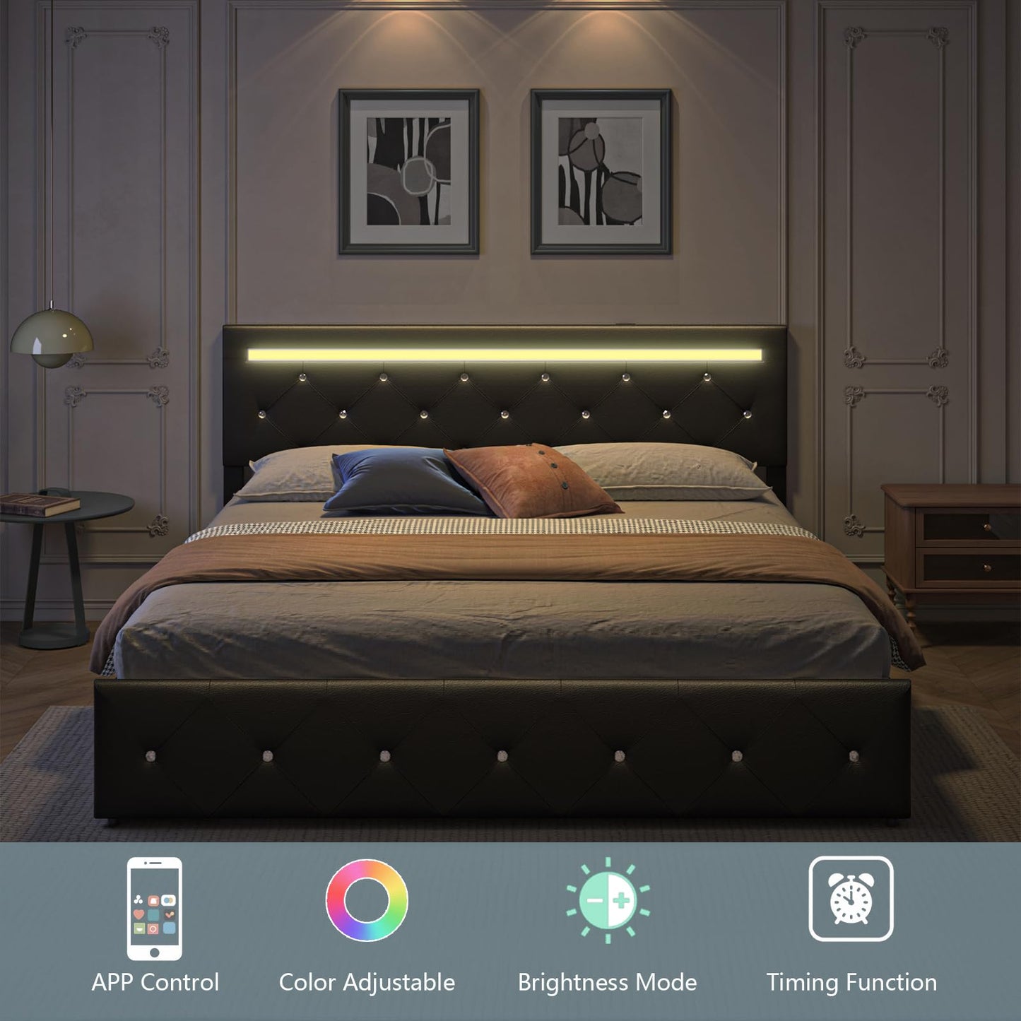 Forrise Bed Frame Queen Size with LED Light and Storage Drawers, Adjustable Headboard with PU Leather Upholstered, 2 Sockets and 2 USB Ports, No Box Spring Needed, Wooden Slats Support, Black
