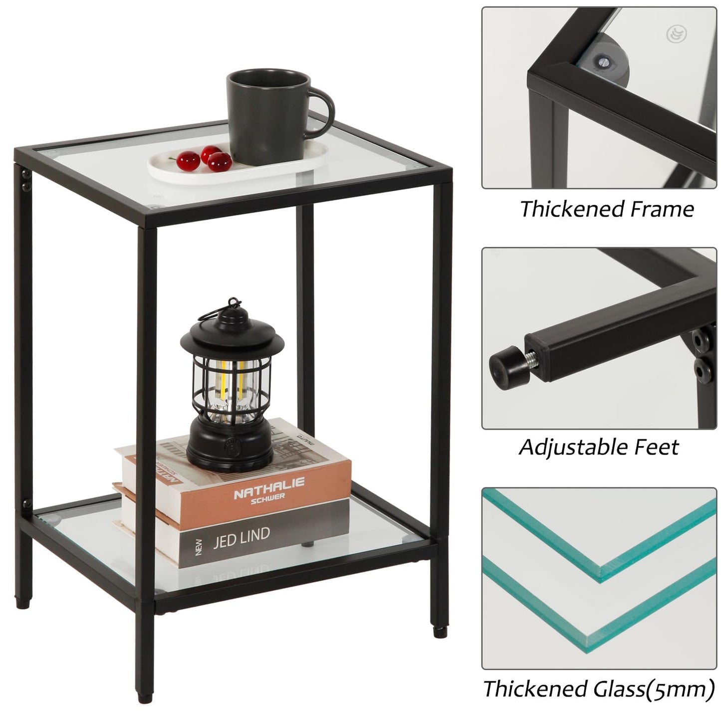 Gawicpy Modern 2-Tier Tempered Glass End Table - Stylish Black Metal Side Table for Small Spaces, Perfect for Living Room & Bedroom (Black, 1PCS)