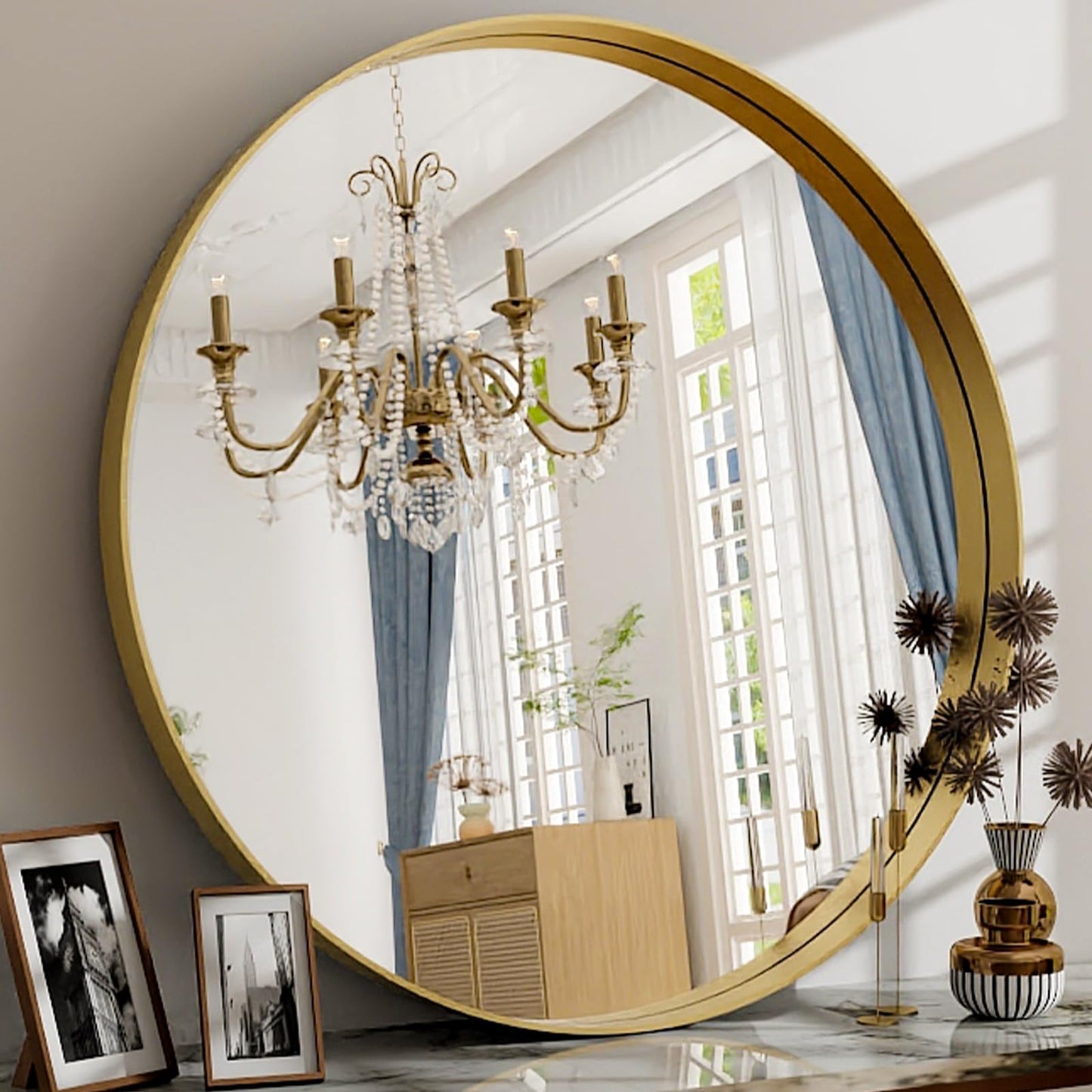 Easly 30 Inch Round Bathroom Mirror - Wall Mounted Circle Mirror with Metal Frame, Modern Mirror Suitable for Bathroom, Vanity, Entryway, Living Room, Wall Decor,Gold