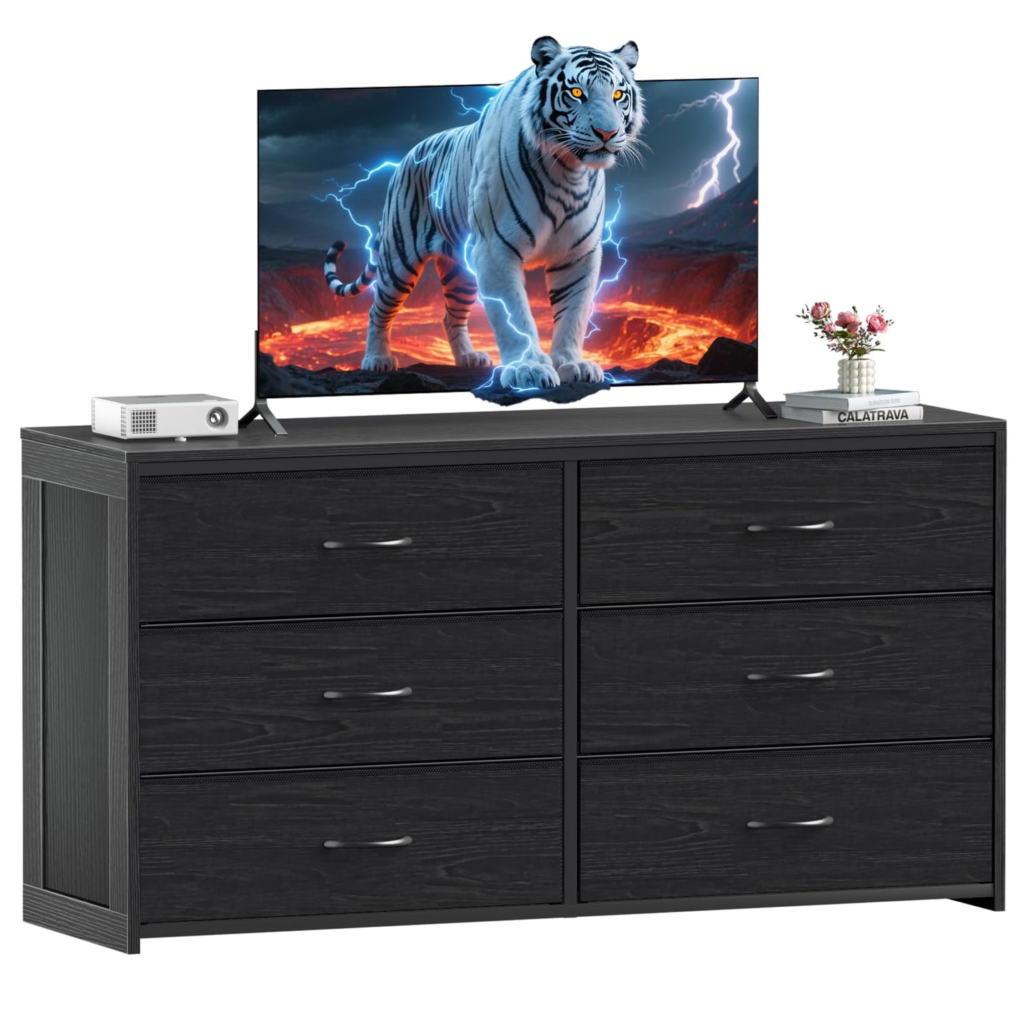 Black Dresser for Bedroom, 6 Drawer Dresser for Closet, TV Stand Entertainment Center for Living Room, Wooden Top and Side Large Fabric Drawer Storage Organizer, Chest of Drawer, Wide Furniture