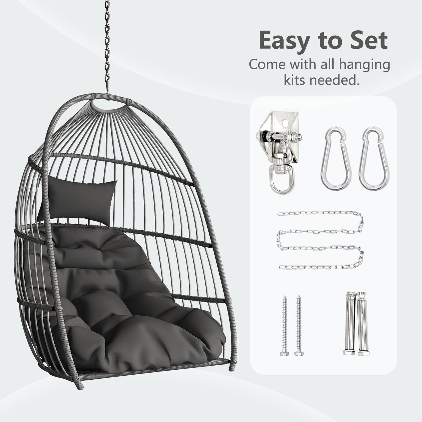 Hanging Egg Chair Without Stand, HDPE Rattan Foldable Swing Chair with Aluminum Frame & UV Resistant Cushion, Hammock Egg Basket for Indoor Outdoor Bedroom Garden, 350Lbs Capacity (Dark Grey)