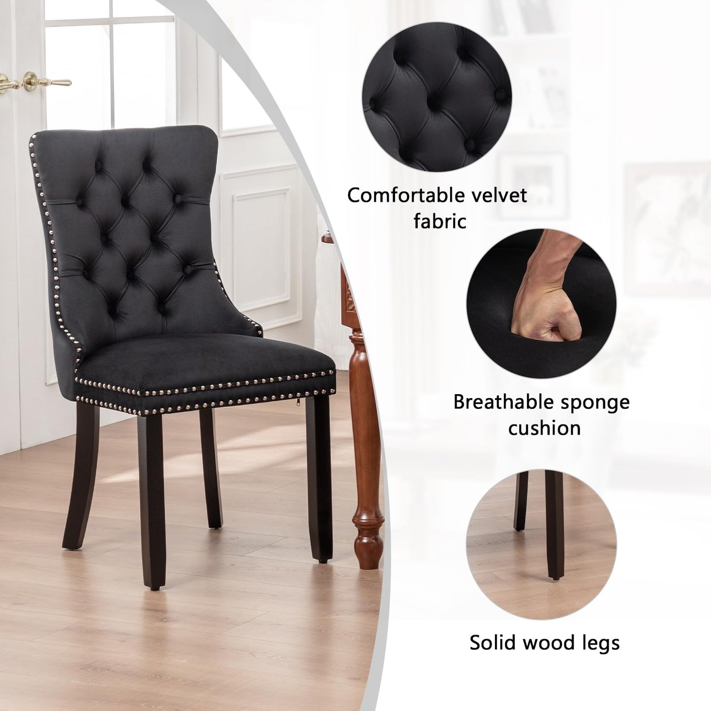 Hixkol Velvet Dining Chairs Set of 6,Upholstered Dining Chairs with Ring Pull Trim and Button Back,Modern Seating for Kitchen, Bedroom & Living Room(Black)