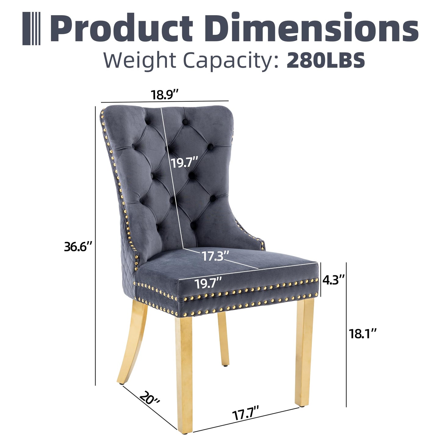 GOOLON Velvet Dining Chairs Set of 6, Upholstered Dining Room Chairs, Mid-Century Modern Chairs with Diamond Lattice Tufted Back, Lion Pull Ring Rivet Trim, Golden Metal Legs for Kitchen, Dark Grey